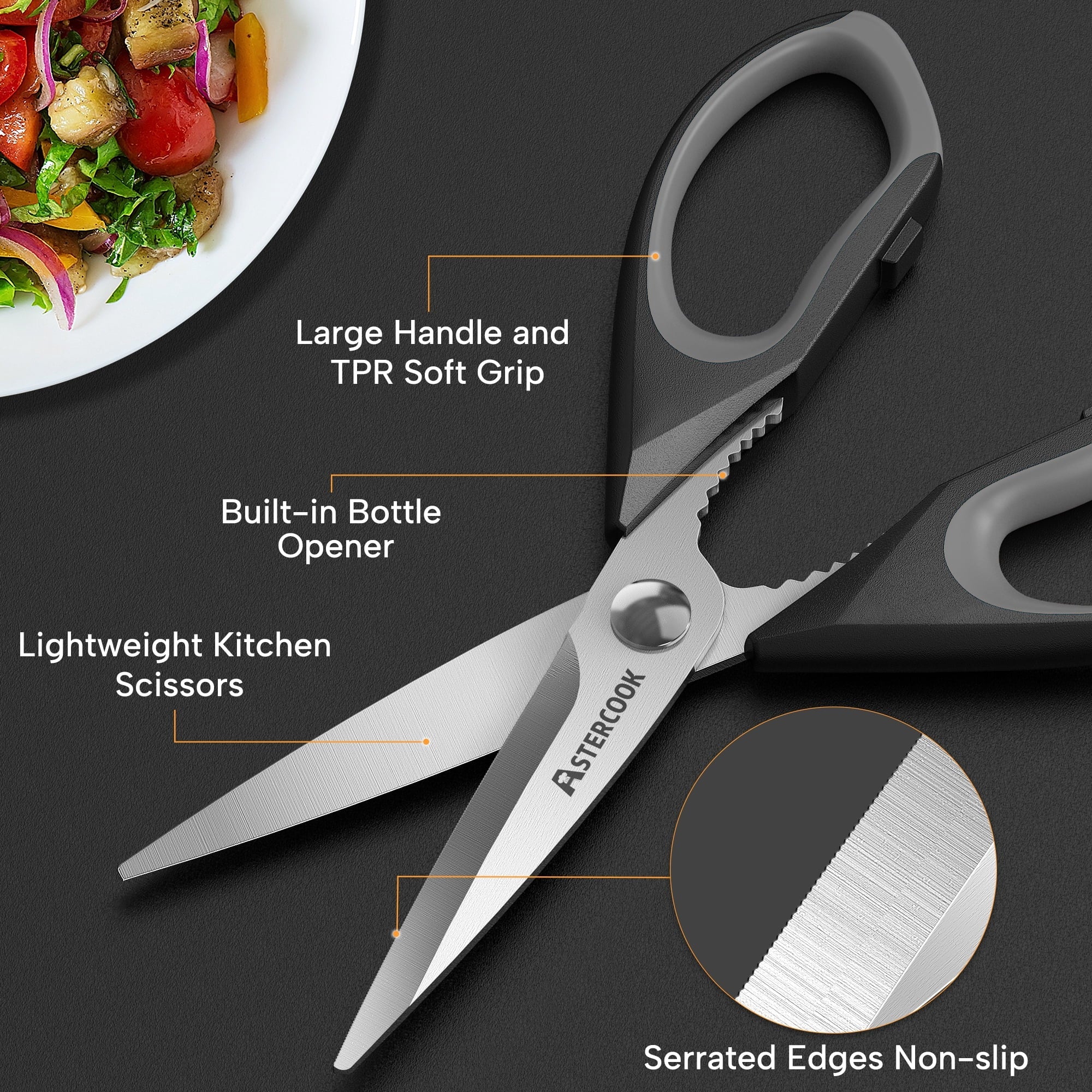 Premium Kitchen 2 Pcs Kitchen Scissors, Heavy Duty Shears with Serrated Blade, Ergonomic Handle Food Scissor for Poultry, H... - Premium Stainless Steel Garlic Presser & Peeler Detail