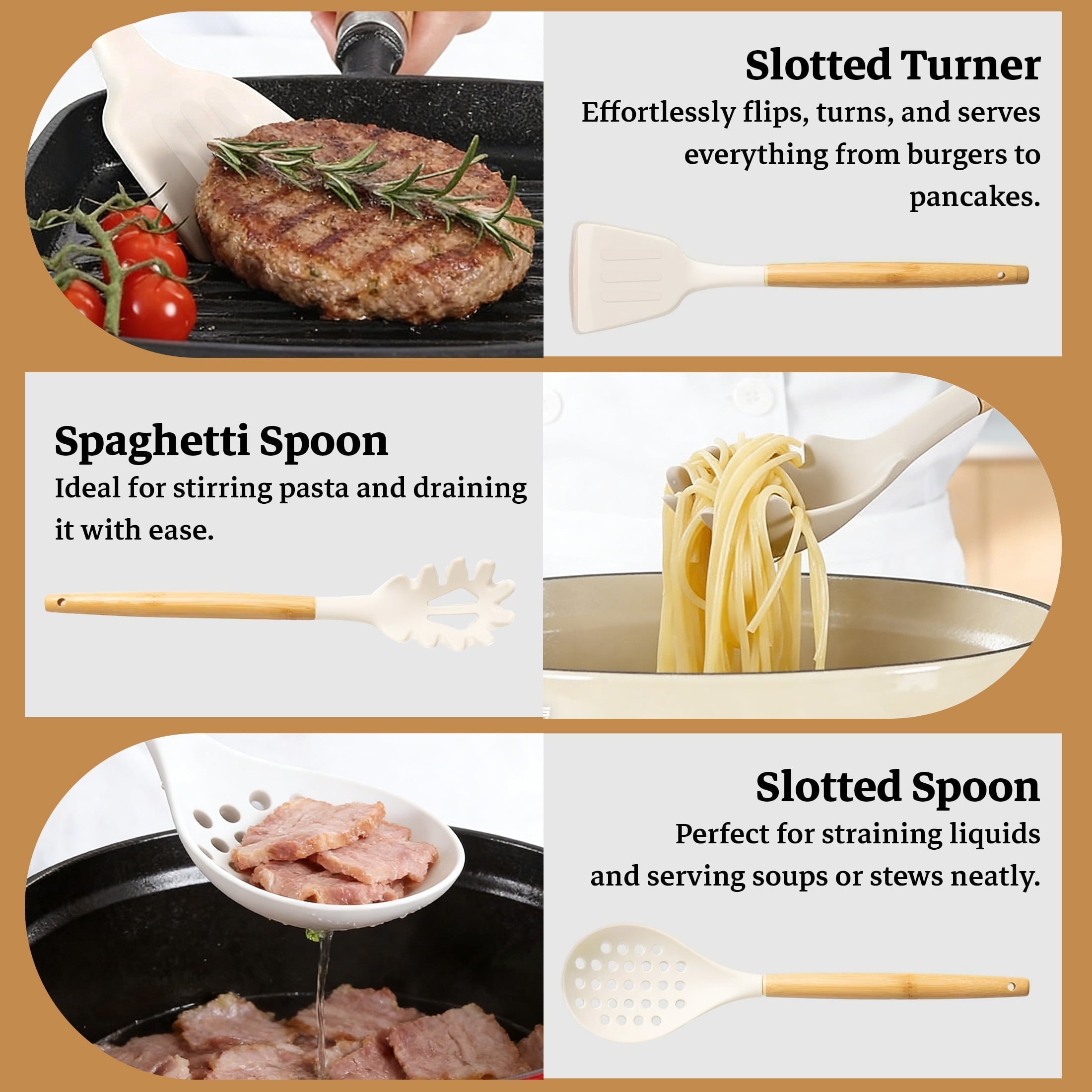Premium Silicone 14-Piece Silicone Cooking Utensils Set, Non-Stick Kitchen Utensil Set for Baking, Flipping, Mixing, White - Ergonomic Kitchen Tongs and Cooking Spoon Utensil Detail