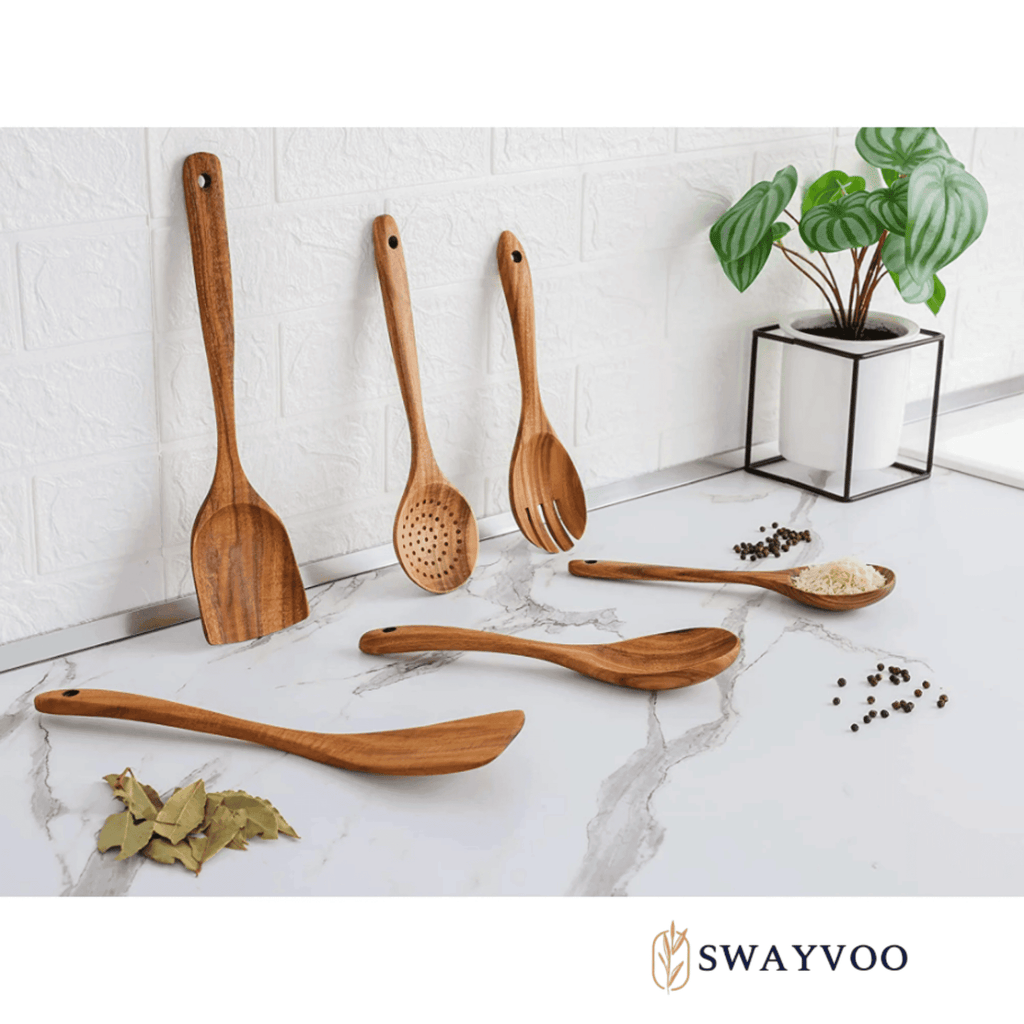 Non-Stick Safe Wooden Spoons for Cooking, 6-Piece 100% Natural Teak Wooden Utensils for Cooking — Heat Resistant, Non-Stick ... - Ergonomic Kitchen Tongs and Cooking Spoon Utensil Detail