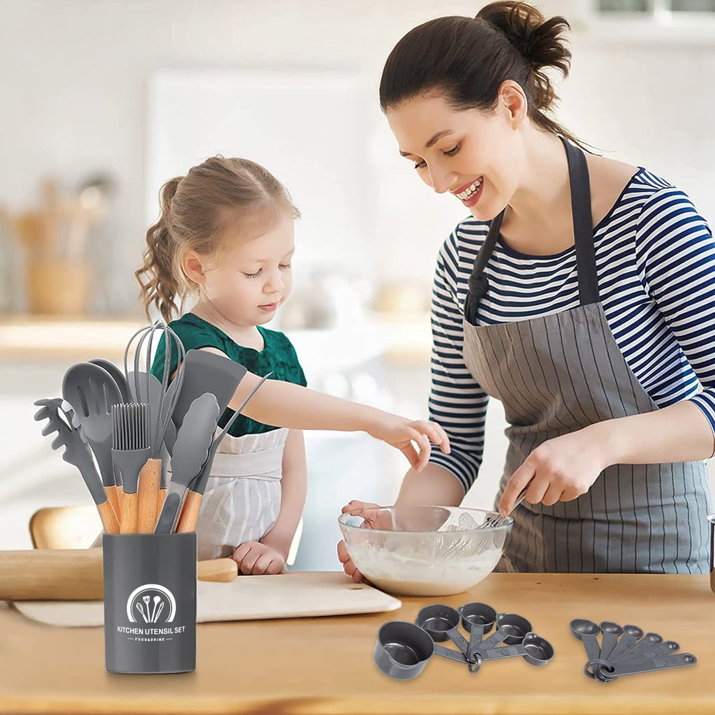 Heat-Resistant Silicone Cooking Utensils Set, 446°F Heat Resistant Wooden Handle Cooking Kitchen Utensils Spatula Set with Holder fo... - Durable Turner & Ladle Utensil Set for Home Chefs Detail