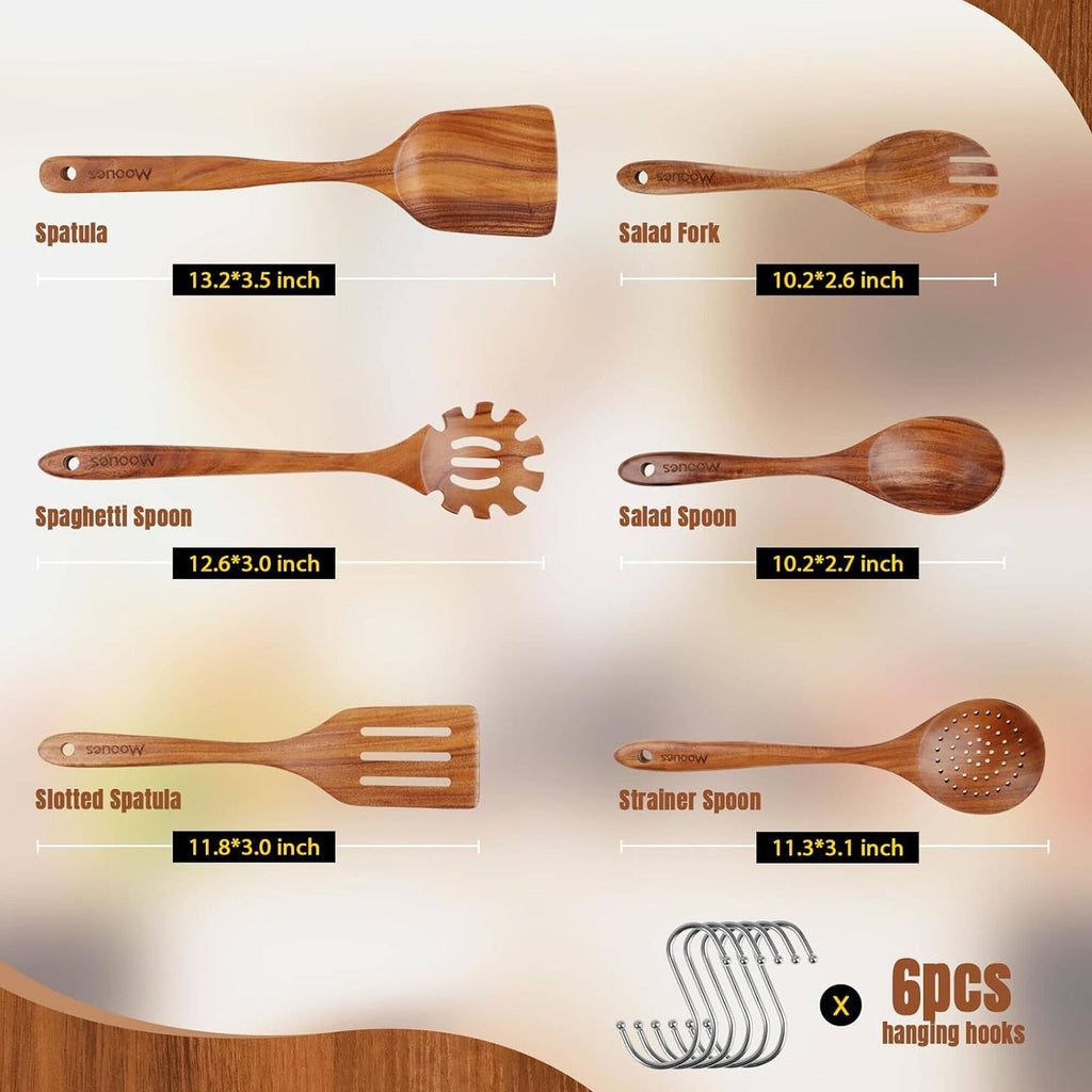 Ergonomic Cooking 6-Piece Natural Teak Wooden Spoons for Cooking With 10 Hooks，Handcrafted Kitchen Utensils Set ，Ideal Gift Set - Heat-Resistant Silicone Cooking Spatula Turner Detail