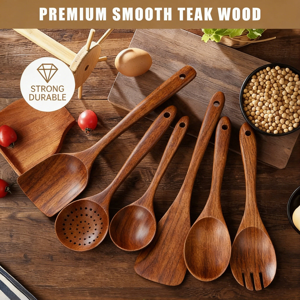 Ergonomic Cooking Wooden Spoons for Cooking, 6 PCS Teak Wood Cooking Utensil Set, Wooden Kitchen Utensils for Nonstick Pans & Cookware,... - Premium Stainless Steel Cooking Utensil for Non-Stick Pots Detail