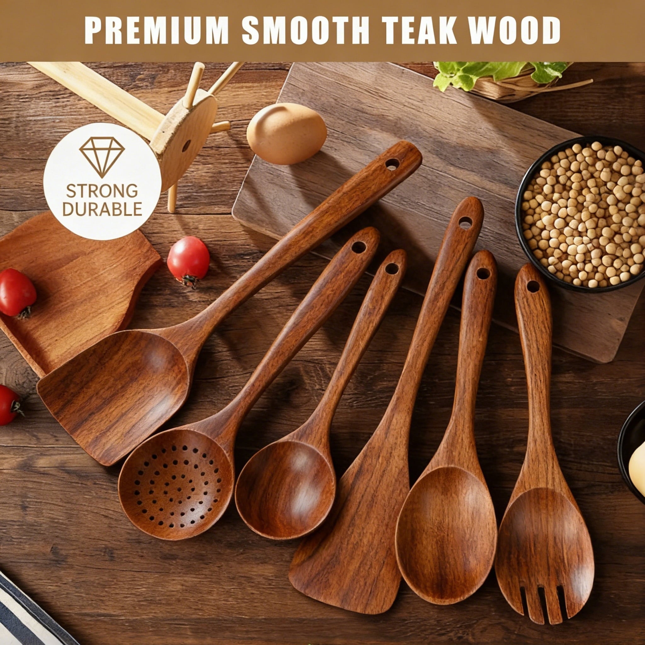 Ergonomic Cooking Wooden Spoons for Cooking, 6 PCS Teak Wood Cooking Utensil Set, Wooden Kitchen Utensils for Nonstick Pans & Cookware,... - Premium Stainless Steel Cooking Utensil for Non-Stick Pots Detail