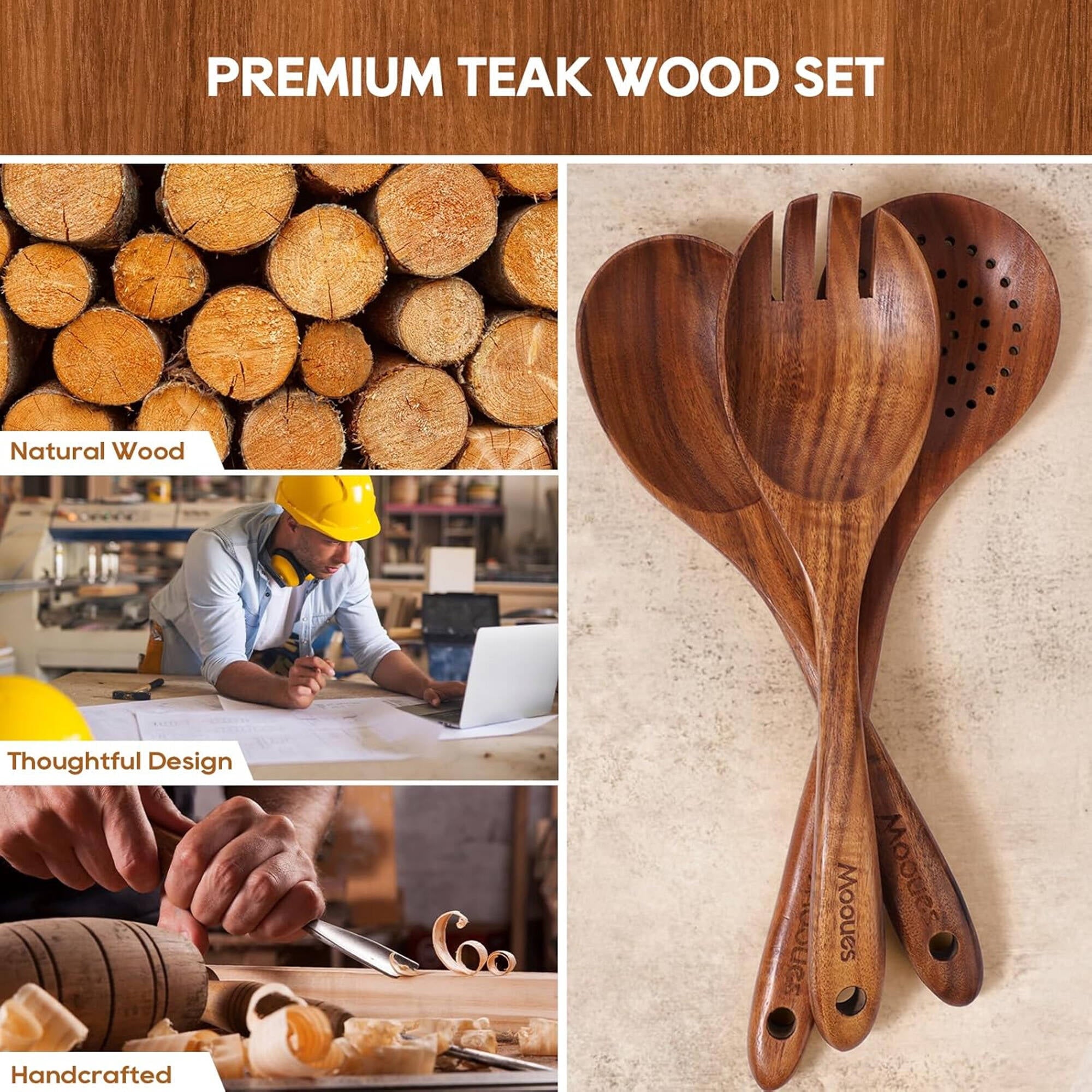 Ergonomic Cooking 6-Piece Natural Teak Wooden Spoons for Cooking With 10 Hooks，Handcrafted Kitchen Utensils Set ，Ideal Gift Set - Heat-Resistant Silicone Cooking Spatula Turner Detail