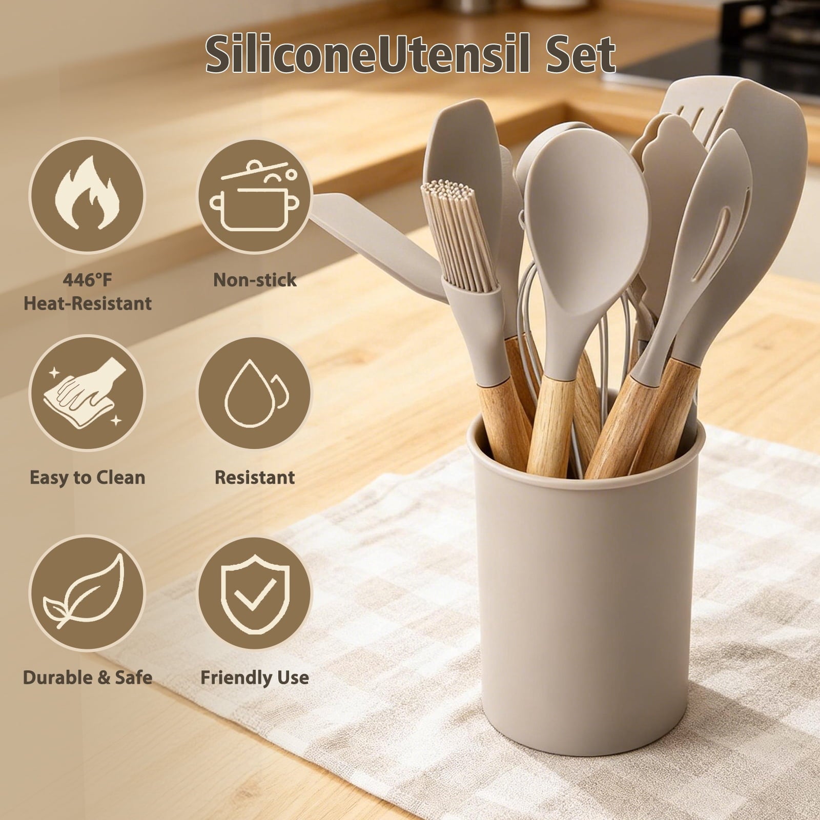 Premium Silicone Silicone Cooking Utensils Set, Heat Resistant Kitchen Tools, 36 PCS Non-Stick Silicone Cooking Kitchen Utensils, Khaki - Ergonomic Kitchen Tongs and Cooking Spoon Utensil Detail