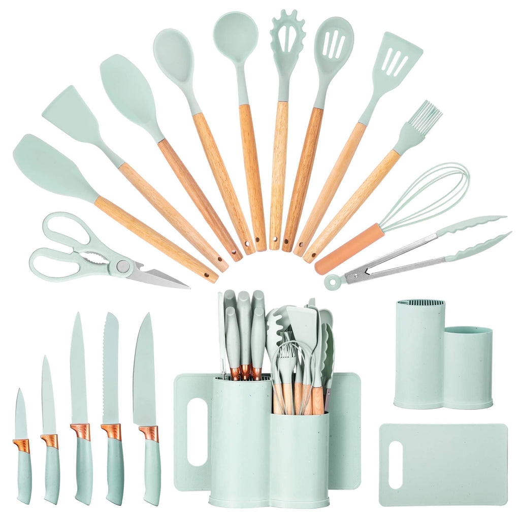 Premium Silicone 19pcs Silicone Kitchen Utensil Set, Heat-Resistant Non-Stick Easy Cooking Cleaning Home Light-Green - Premium Stainless Steel Cooking Utensil for Non-Stick Pots - Default Title
