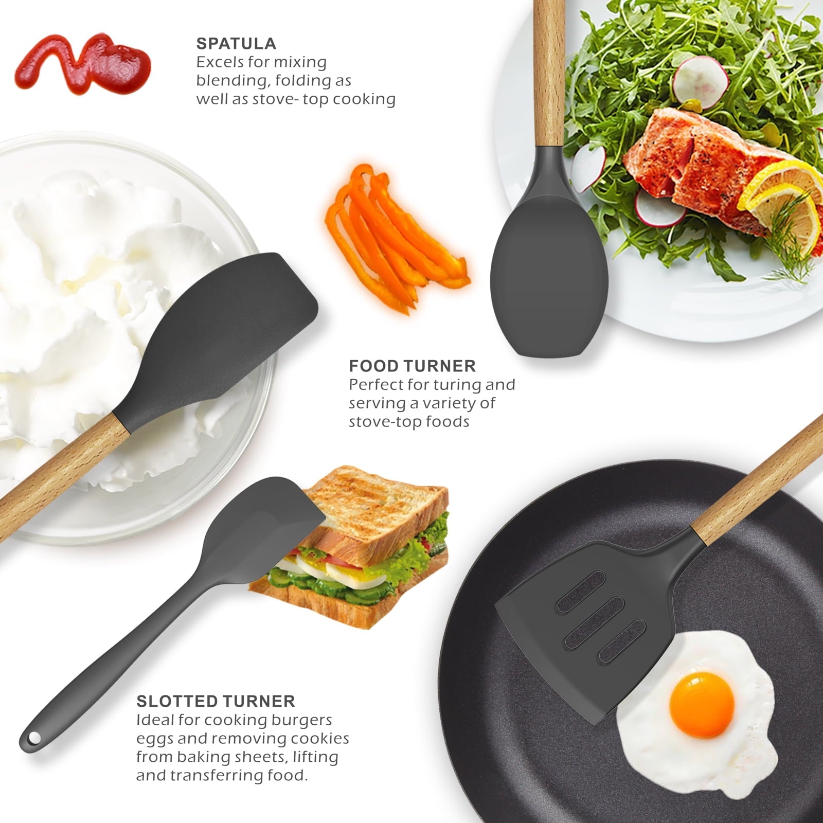 Premium Silicone Silicone Cooking Utensils Set - 446°F Heat Resistant Silicone Kitchen Utensils for Cooking,Kitchen Utensil Spatula Se... - Durable Turner & Ladle Utensil Set for Home Chefs Detail