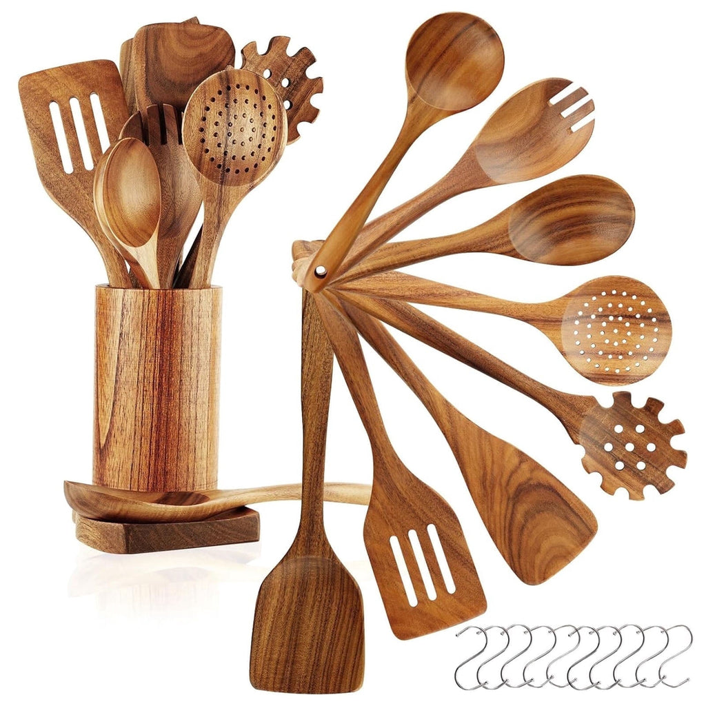 Heat-Resistant 10Pcs Wooden Spoons for Cooking, Smooth Finish Teak Wooden Utensils for Cooking, Soft Comfort-Grip Wood Spoons for Co... - Premium Stainless Steel Cooking Utensil for Non-Stick Pots - Default Title