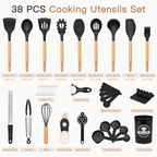 Ergonomic Cooking Silicone Cooking Utensils Set, 38 PCS Kitchen Utensils Set for 446°F Heat Resistant, Food Grade Utensil Sets with Woo... - Ergonomic Kitchen Tongs and Cooking Spoon Utensil Detail