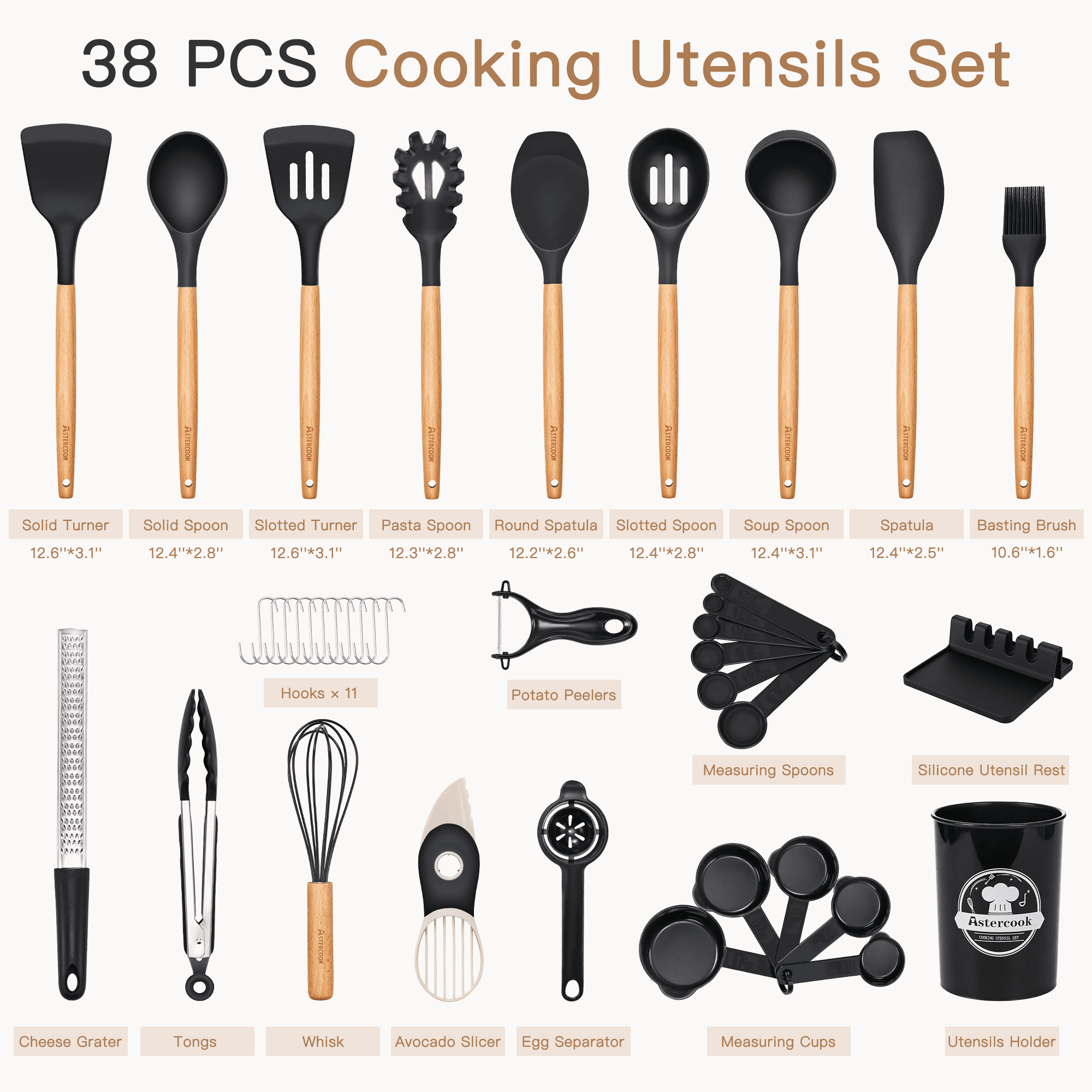 High-Precision Silicone Cooking Utensils Set, 38 PCS Kitchen Utensils Set for 446°F Heat Resistant, Food Grade Utensil Sets with Woo... - Multi-Purpose Hand Tool for Daily Meal Prep Detail