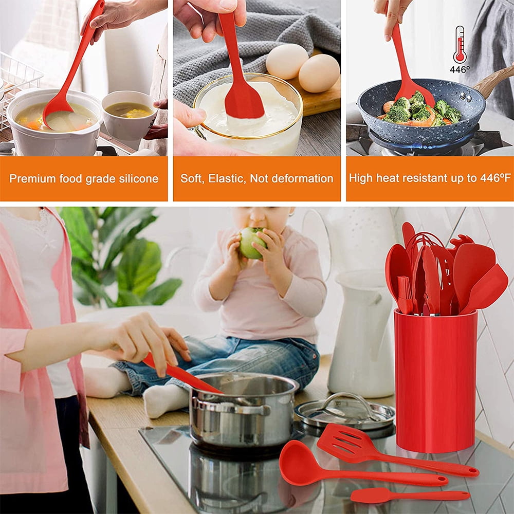 Premium Silicone 14 Pcs Cooking Utensils Set with Holder, Heat Resistant Silicone Kitchen Cookware Utensils Set, Kitchen Cooking Tools... - Durable Turner & Ladle Utensil Set for Home Chefs Detail