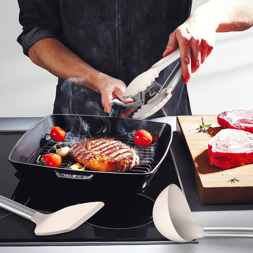 Non-Stick Safe Silicone Cooking Utensils Set - Heat Resistant Silicone Kitchen Utensils for Cooking, Kitchen Utensil Spatula Set,BPA... - Ergonomic Kitchen Tongs and Cooking Spoon Utensil Detail