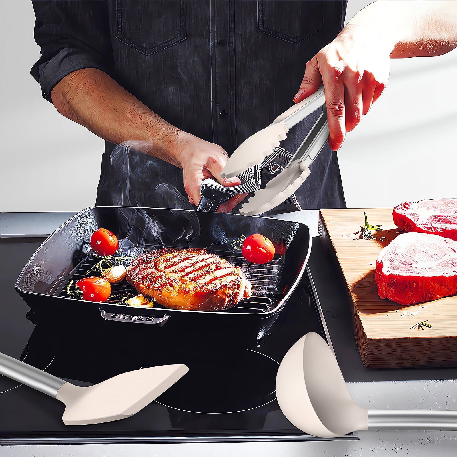 Non-Stick Safe Silicone Cooking Utensils Set - Heat Resistant Silicone Kitchen Utensils for Cooking, Kitchen Utensil Spatula Set,BPA... - Ergonomic Kitchen Tongs and Cooking Spoon Utensil Detail