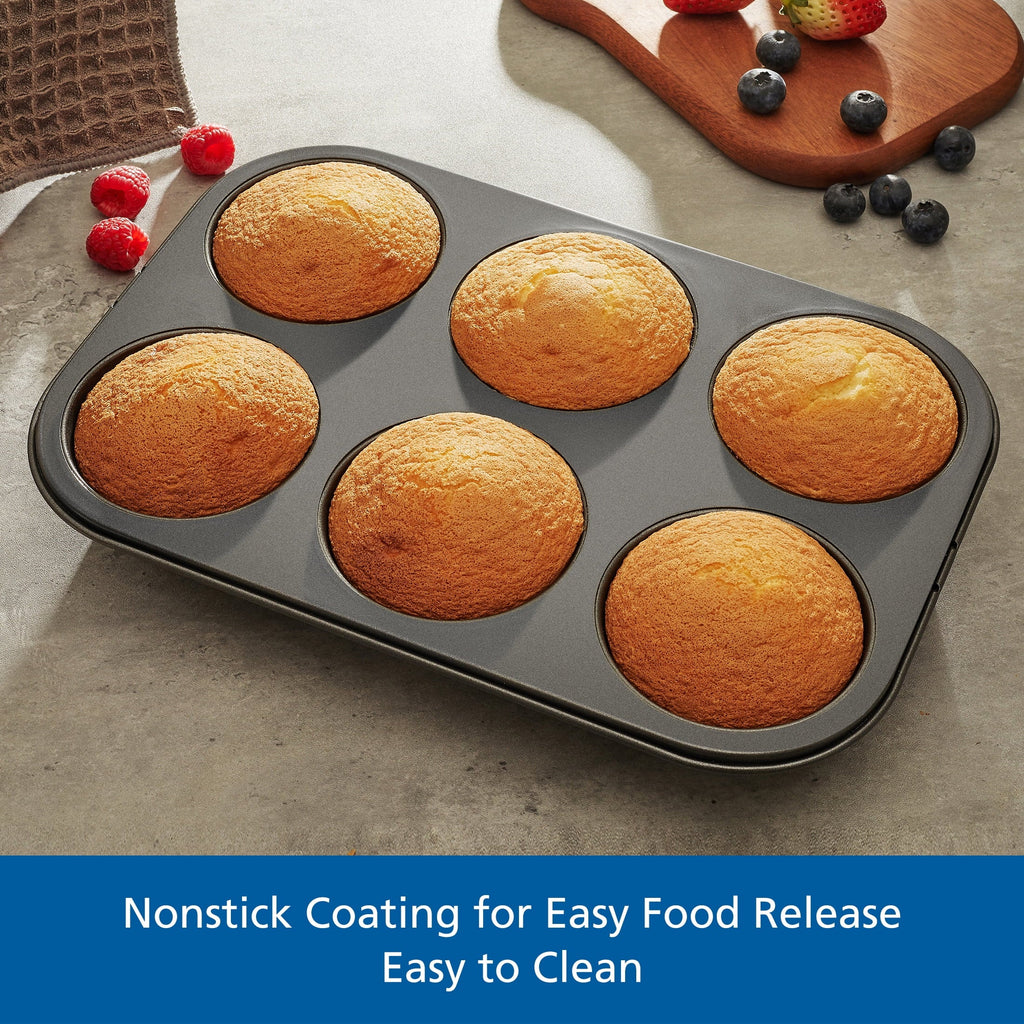 Multi-Functional 6 Cup Jumbo Muffin Pan, Non-Stick Bakeware,3.4 inch Diameter Cups,Gray,Carbon Steel - Premium Stainless Steel Garlic Presser & Peeler Detail