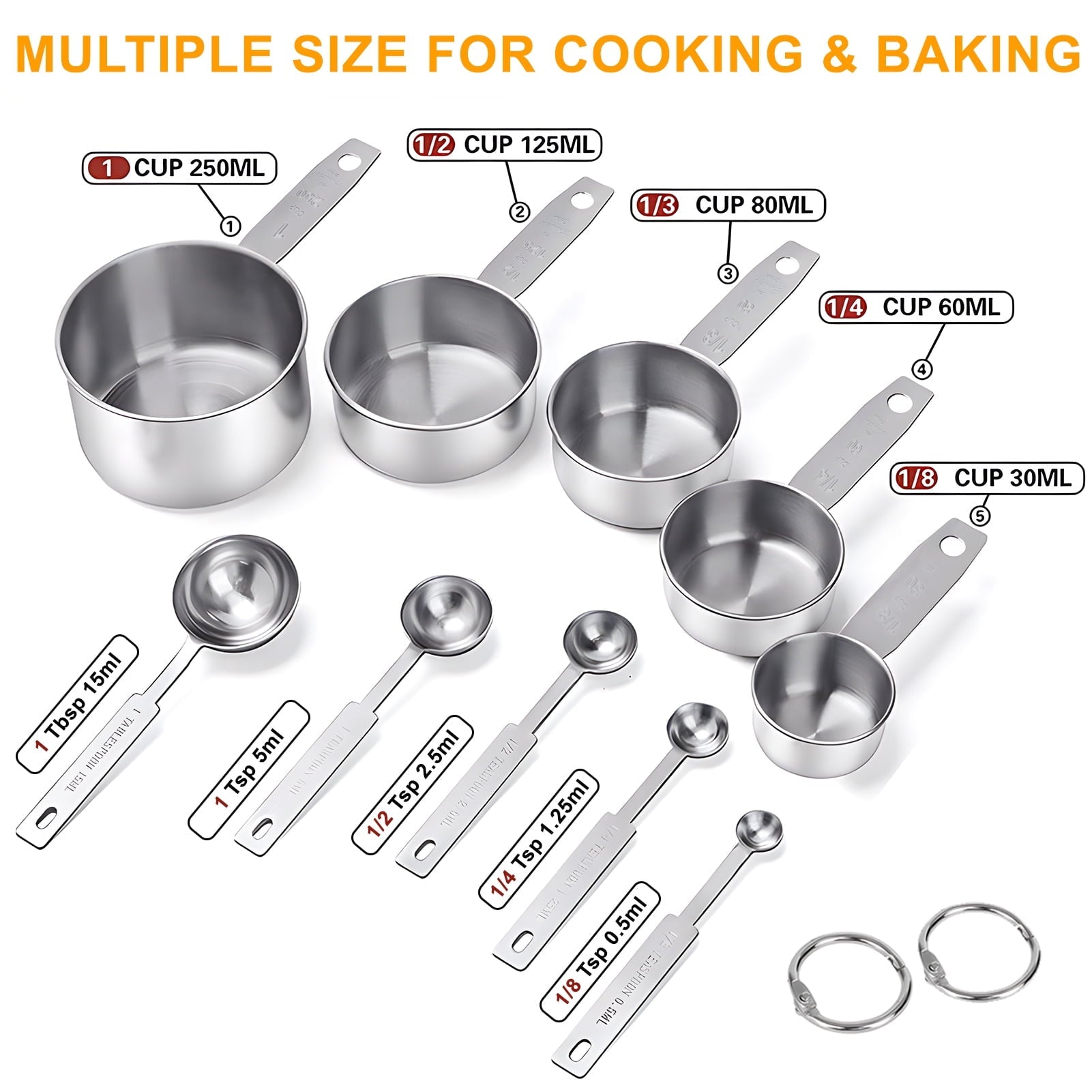 Ergonomic Cooking Measuring Cups and Spoons Set of 10, 5 Stainless Steel Cups and 5 Spoons for Kitchen Cooking Baking - Premium Stainless Steel Cooking Utensil for Non-Stick Pots Detail