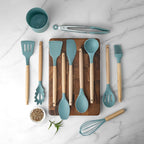 Seamless One-Piece Small Silicone Cooking Utensils with Holder Set (12Pack), Aqua Kitchen Tools with Wooden Handle for Nonstick... - Premium Stainless Steel Cooking Utensil for Non-Stick Pots Detail