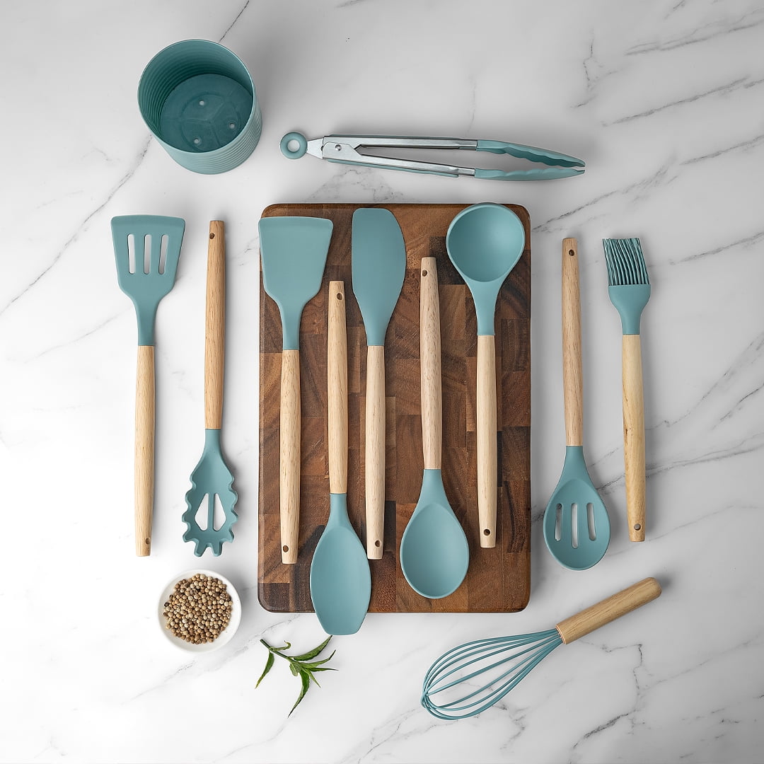 Seamless One-Piece Small Silicone Cooking Utensils with Holder Set (12Pack), Aqua Kitchen Tools with Wooden Handle for Nonstick... - Premium Stainless Steel Cooking Utensil for Non-Stick Pots Detail