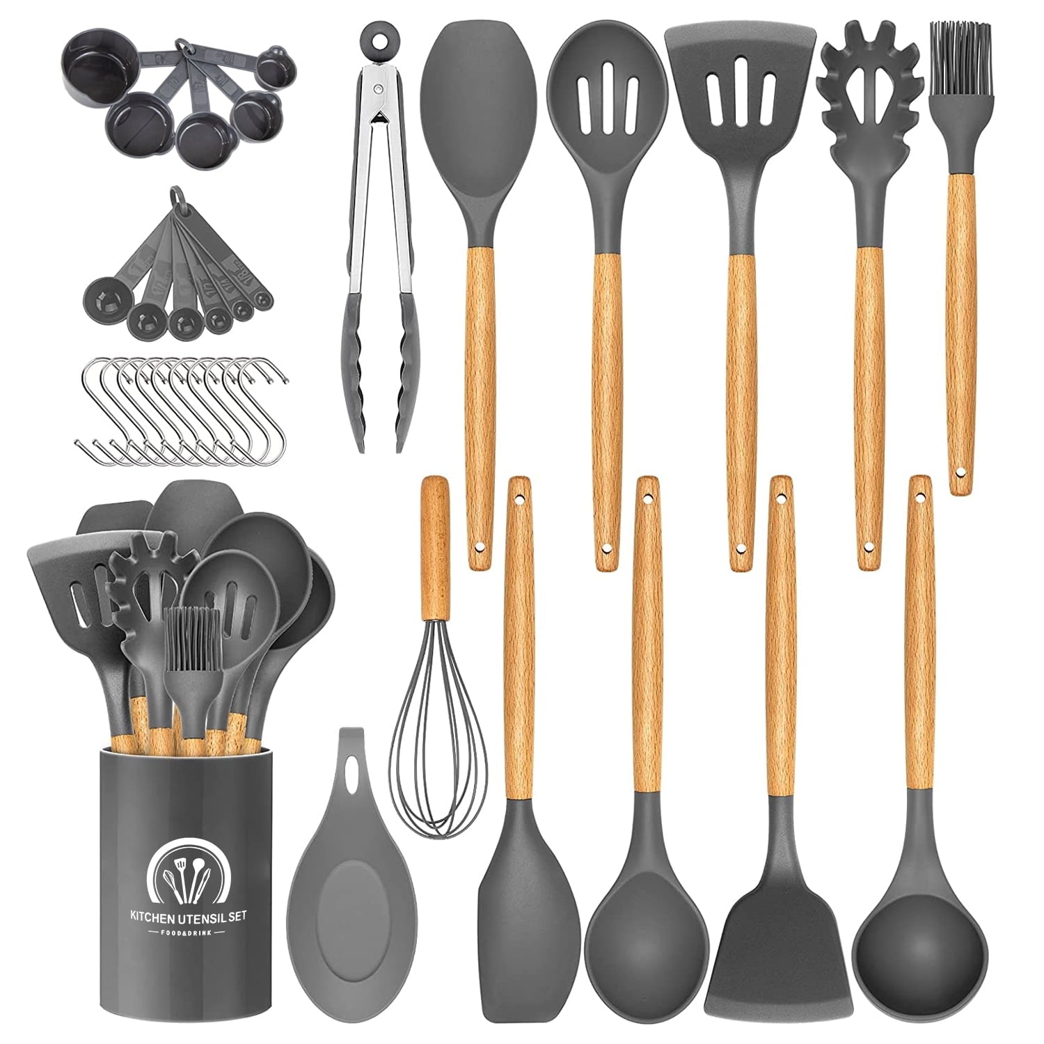 Heat-Resistant Silicone Cooking Utensils Set, 446°F Heat Resistant Wooden Handle Cooking Kitchen Utensils Spatula Set with Holder fo... - Durable Turner & Ladle Utensil Set for Home Chefs - Default Title