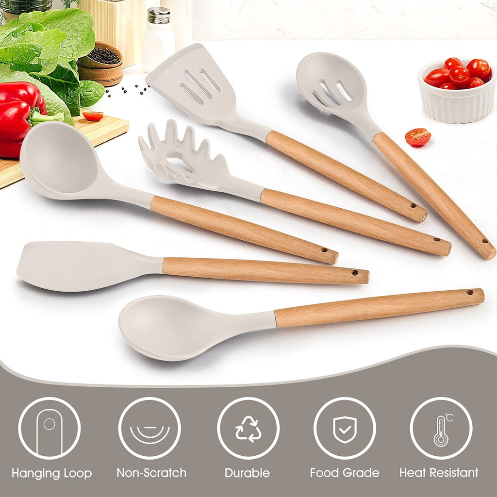 Seamless One-Piece Kitchen Utensils Set of 6, Silicone Cooking Utensils with Wooden Handle, Non-Stick Cookware & Heat Resistant, Include... - Durable Turner & Ladle Utensil Set for Home Chefs Detail