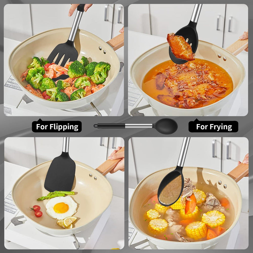 Ergonomic Cooking Silicone Cooking Spatulas and Spoons, 4 Pack Heat Resistant Silicone Cooking Utensils Set, Non-stick Large Ki... - Premium Stainless Steel Cooking Utensil for Non-Stick Pots Detail