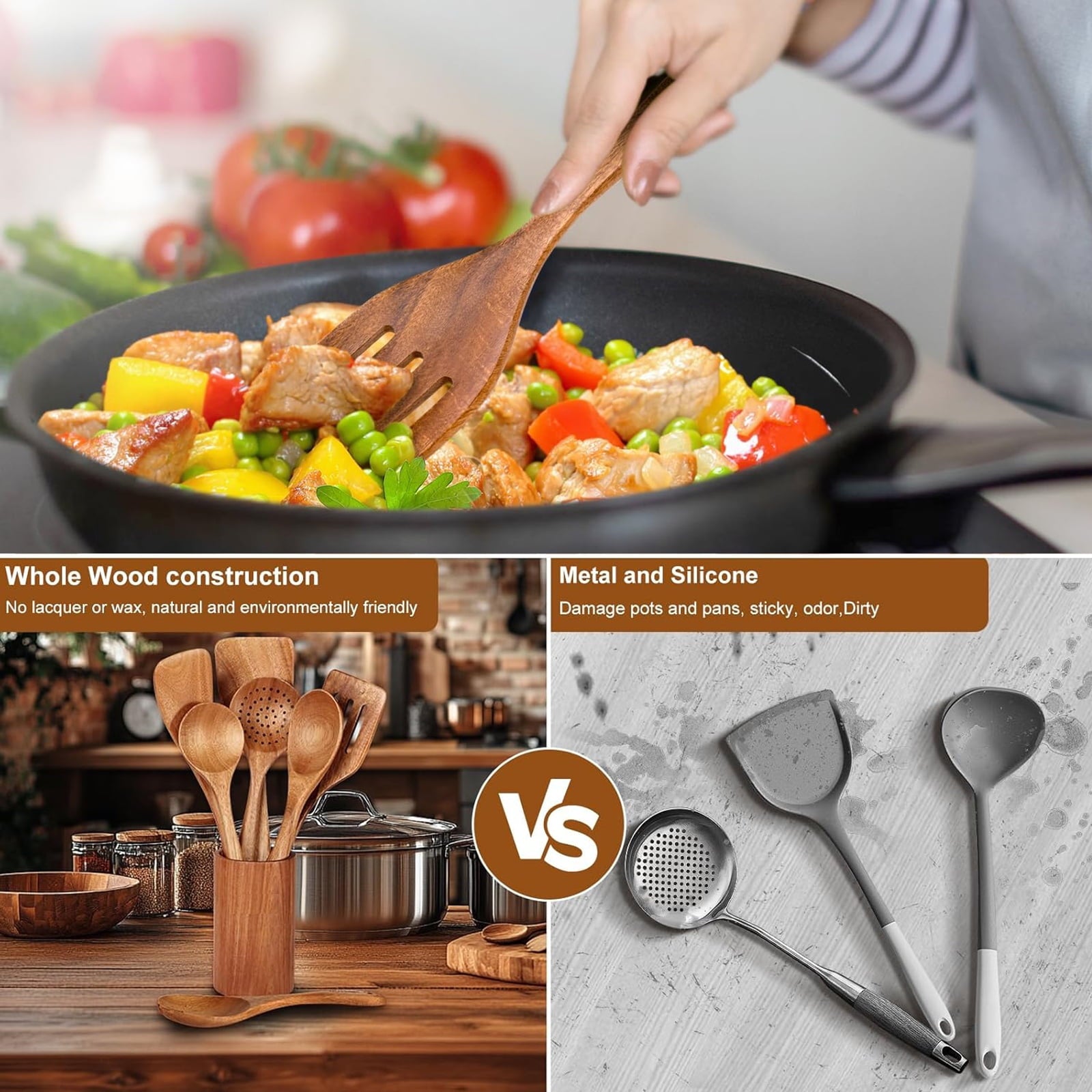 Ergonomic Cooking Wooden Spoons for Cooking, 8 Pcs Natural Teak Wooden Utensils Set, Non-Stick & Heat Resistant Durable Wood ... - Heat-Resistant Silicone Cooking Spatula Turner Detail