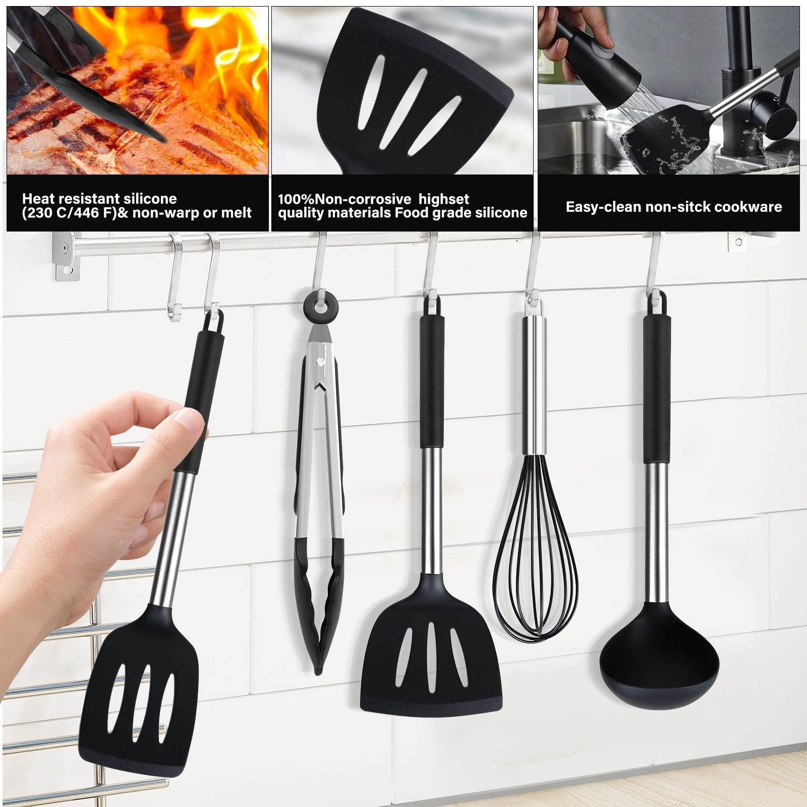 Ergonomic Cooking Silicone Cooking Utensils Set, 26 Pcs, Heat Resistant Kitchen Utensils Set, Black - Heat-Resistant Silicone Cooking Spatula Turner Detail