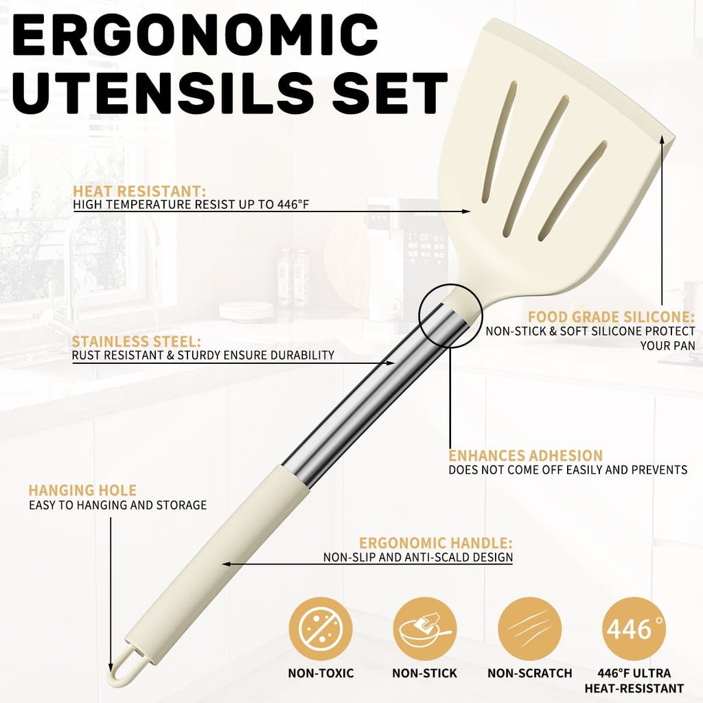 Seamless One-Piece Silicone Cooking Utensil Set, 30 Pcs Kitchen Utensils Set with Stainless Steel Handle, Food Grade Silicone Spatula Se... - Ergonomic Kitchen Tongs and Cooking Spoon Utensil Detail