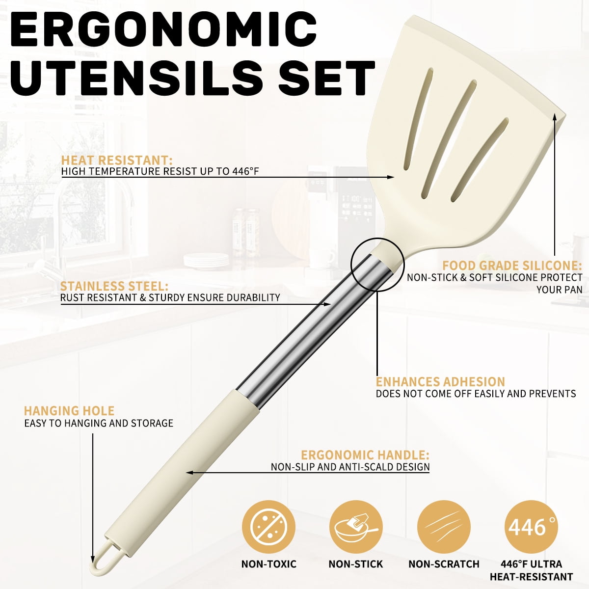 Heavy Duty Silicone Cooking Utensil Set, 30 Pcs Kitchen Utensils Set with Stainless Steel Handle, Food Grade Silicone Spatula Se... - High-Precision Culinary Tool for Baking & Cooking Detail