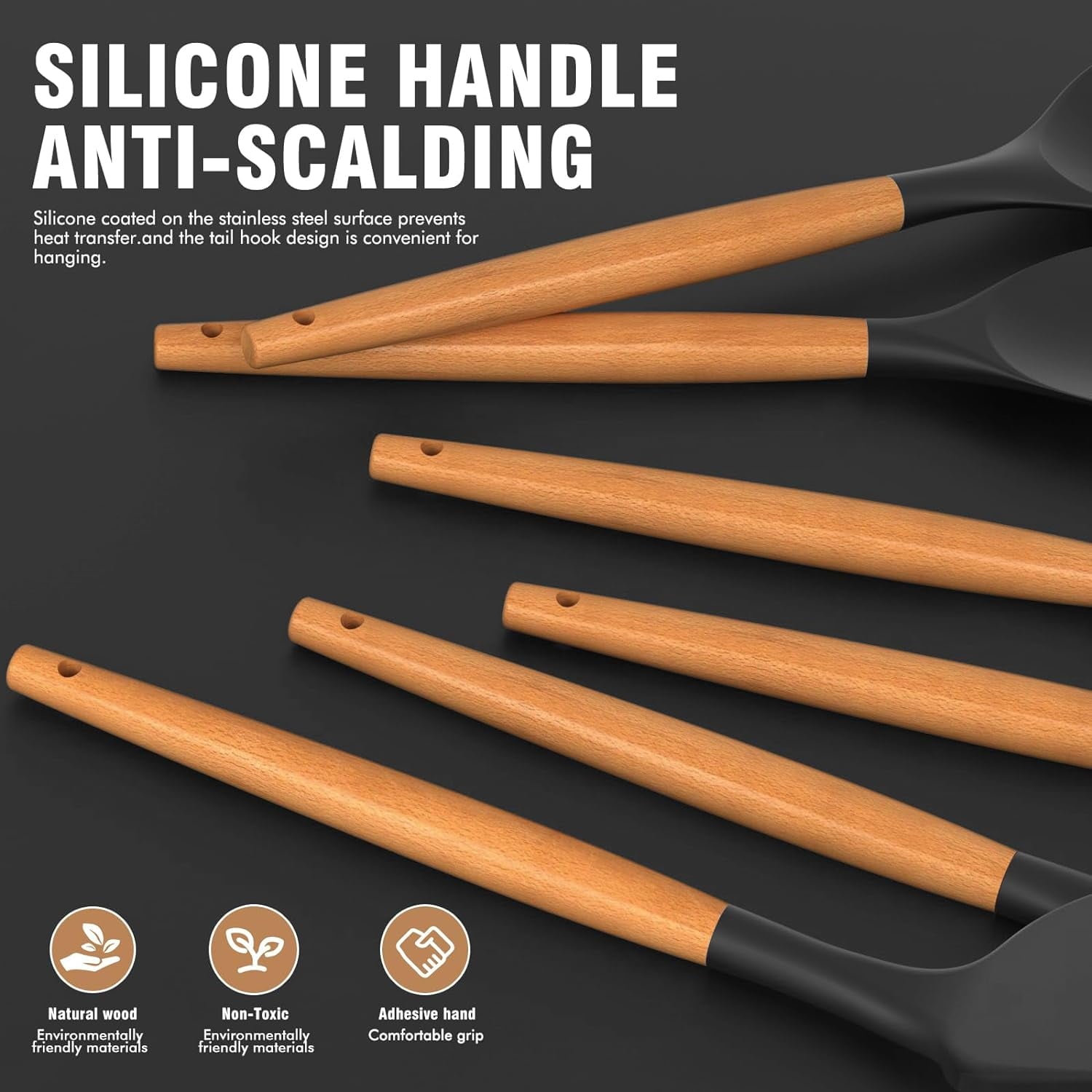 Ergonomic Cooking Silicone Cooking Utensils Set - Silicone Kitchen Utensils for Cooking Wooden Handles, 446°F Heat Resistant Kitchen Ut... - Heat-Resistant Silicone Cooking Spatula Turner Detail