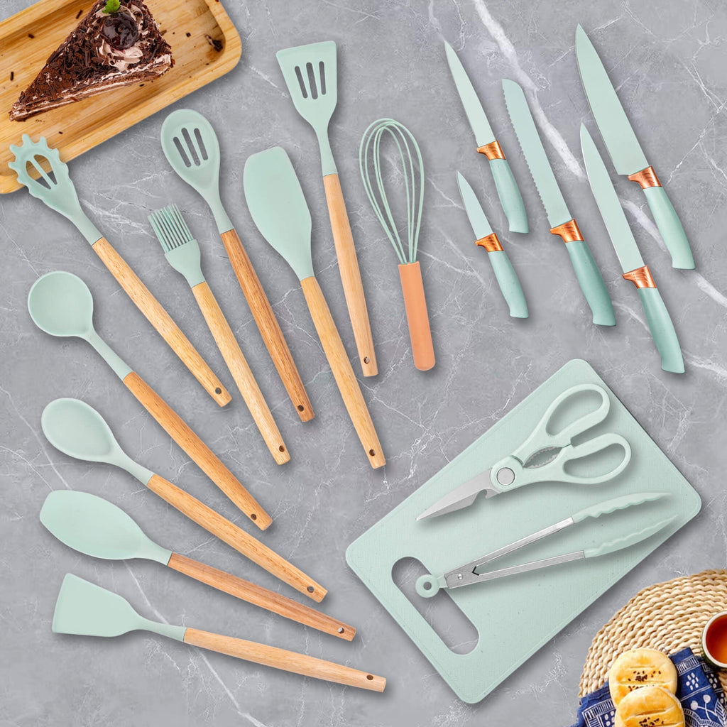 Premium Silicone 19pcs Silicone Kitchen Utensil Set, Heat-Resistant Non-Stick Easy Cooking Cleaning Home Light-Green - Premium Stainless Steel Cooking Utensil for Non-Stick Pots Detail