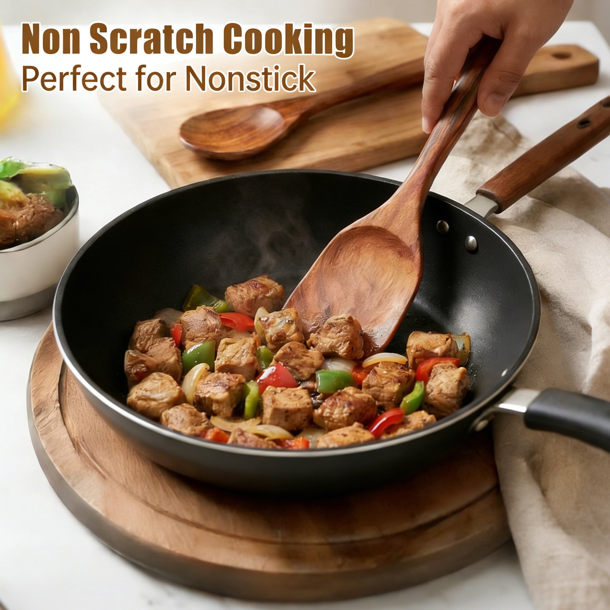Ergonomic Cooking Wooden Spoons for Cooking, 6 PCS Teak Wood Cooking Utensil Set, Wooden Kitchen Utensils for Nonstick Pans & Cookware,... - Premium Stainless Steel Cooking Utensil for Non-Stick Pots Detail