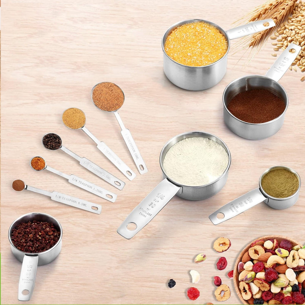 Ergonomic Cooking Measuring Cups and Spoons Set of 10, 5 Stainless Steel Cups and 5 Spoons for Kitchen Cooking Baking - Premium Stainless Steel Cooking Utensil for Non-Stick Pots Detail