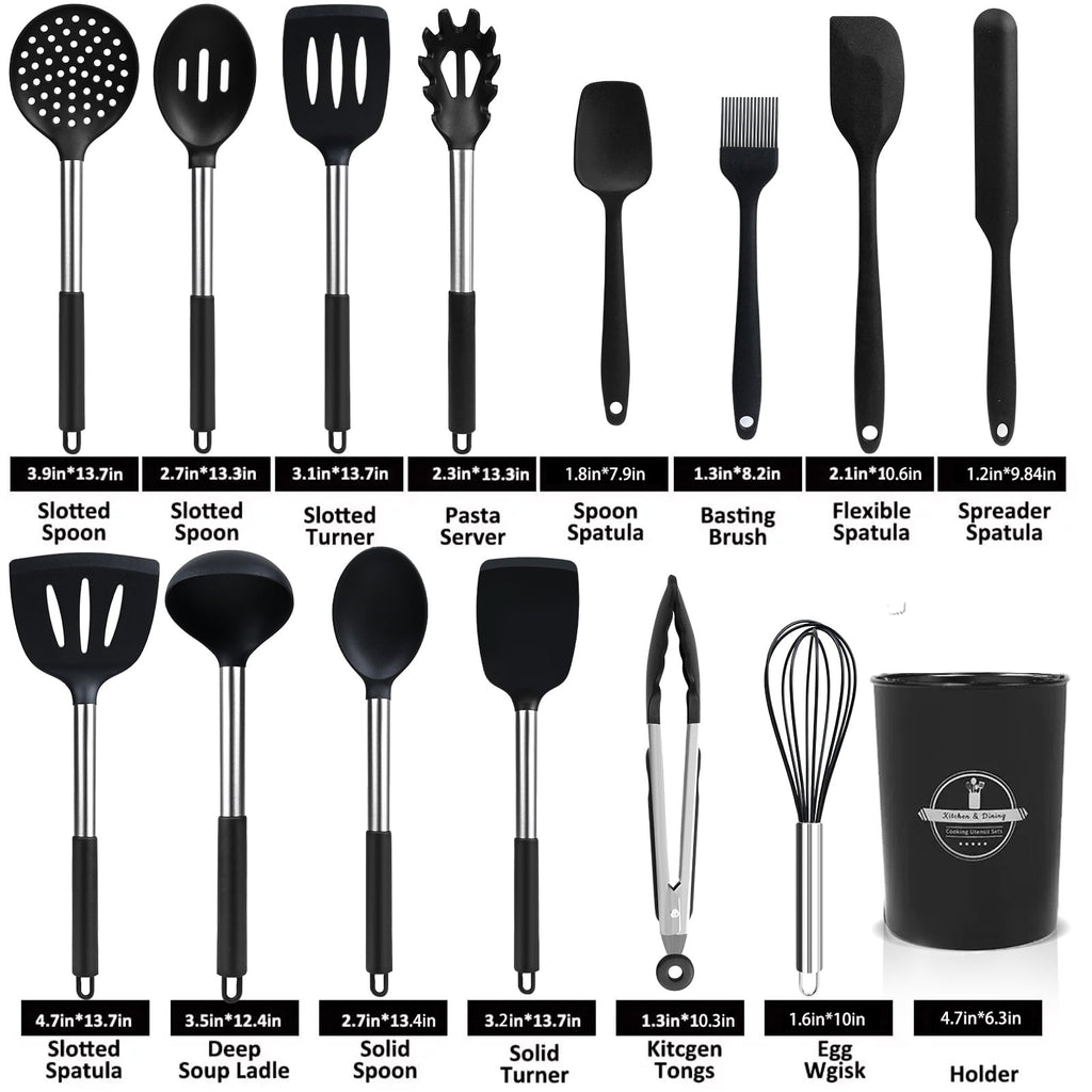 Ergonomic Cooking Silicone Cooking Utensils Set, 26 Pcs, Heat Resistant Kitchen Utensils Set, Black - Heat-Resistant Silicone Cooking Spatula Turner Detail