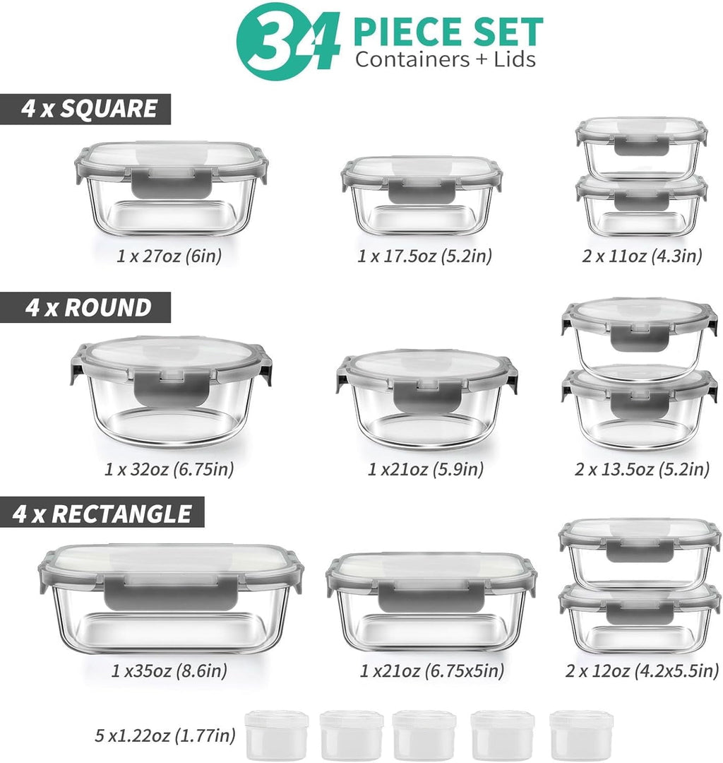Playful Geometric 34pcs Glass Food Storage Containers with Lids Set, Airtight Meal Prep Containers (17 Containers & 17 Lids), Grey - Squishy Dohnut Sweet Treat Shaped Stress Toy Detail