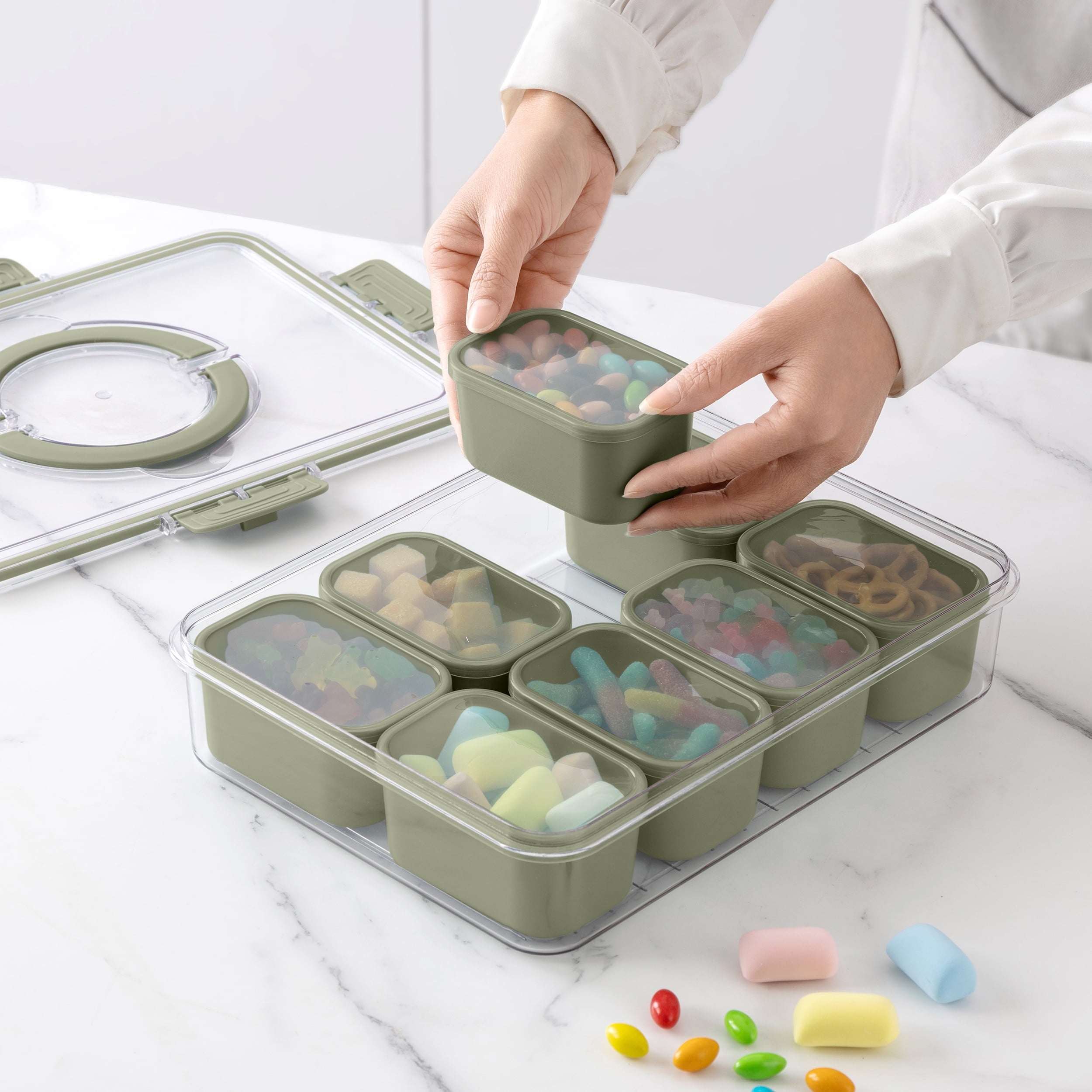 Sweet Treat Shaped 8-Compartment Snackle Box, Charcuterie and Snack Container, Divided Serving Tray with Lids and Handle, Dishwasher Saf... - Fun Food Fidget Cookie Squishable Toy Detail