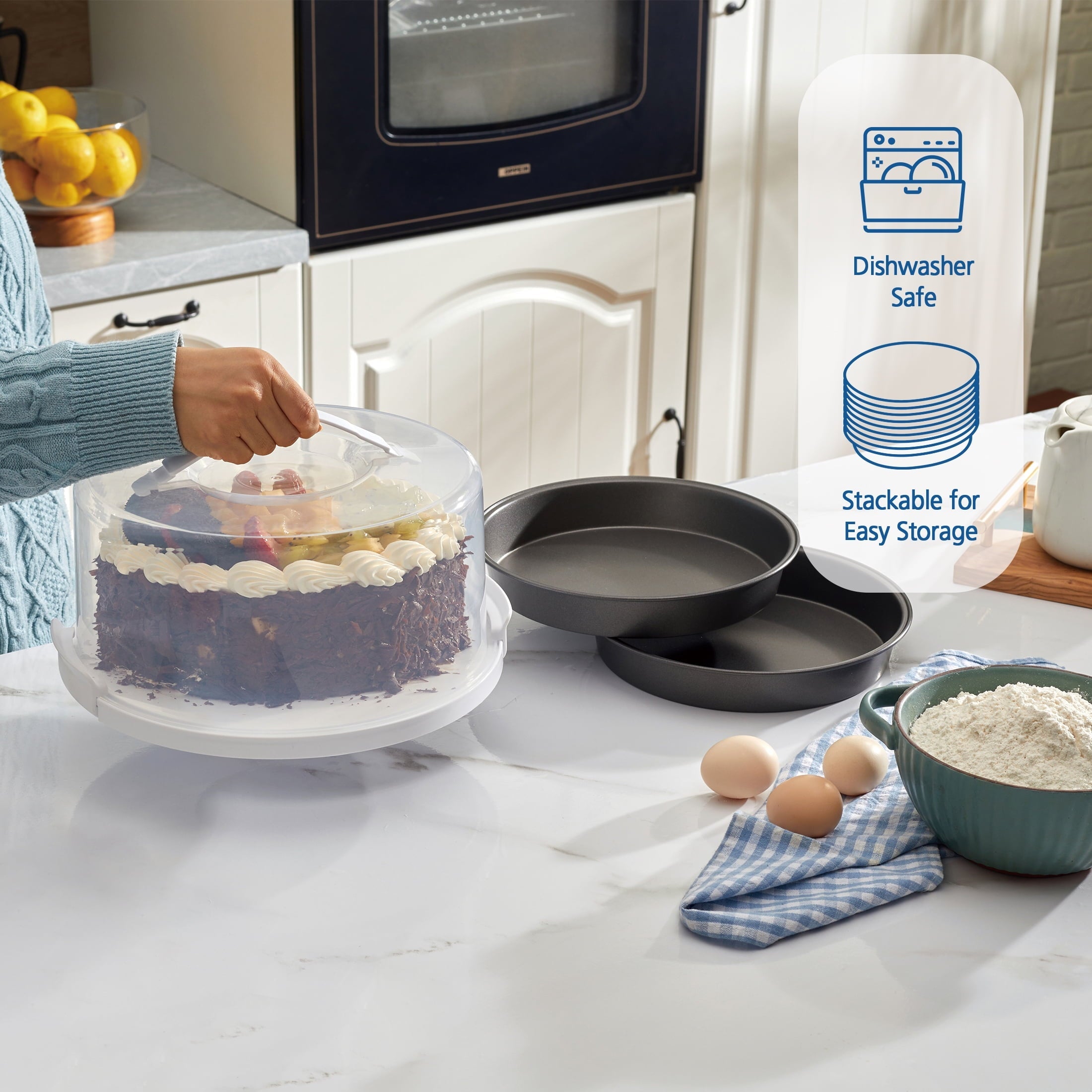 Time-Saving 12 inch Clear Cake Carrier with 2pk 9 inch Gray Round Pans, Carbon Steel - Multi-Functional Manual Food Chopper & Slicer Detail