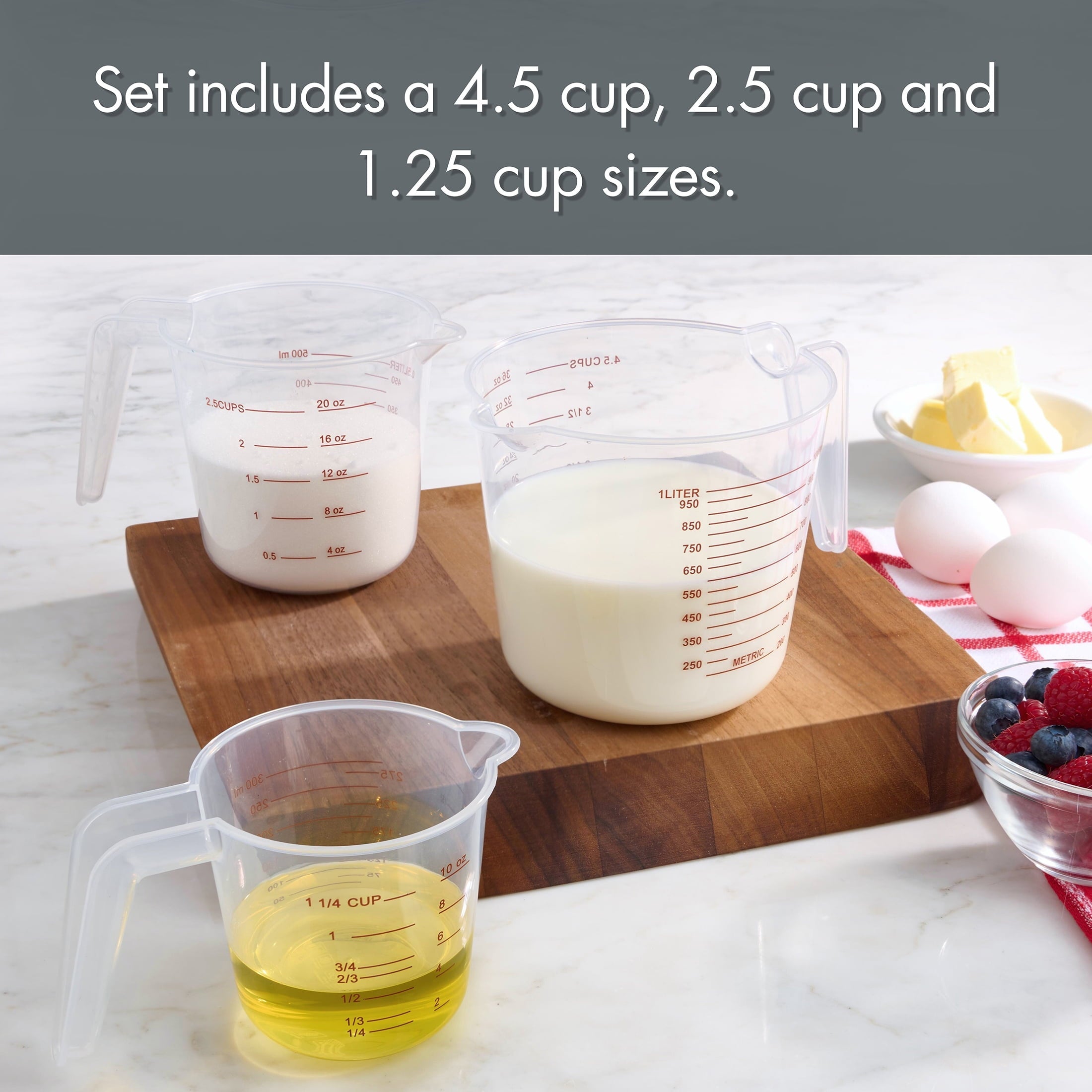 Premium Kitchen 3-Piece Tapered Spout Nesting Plastic Measuring Cups Set, Clear - Kitchen Gadget Tool for Quick Food Prep Detail