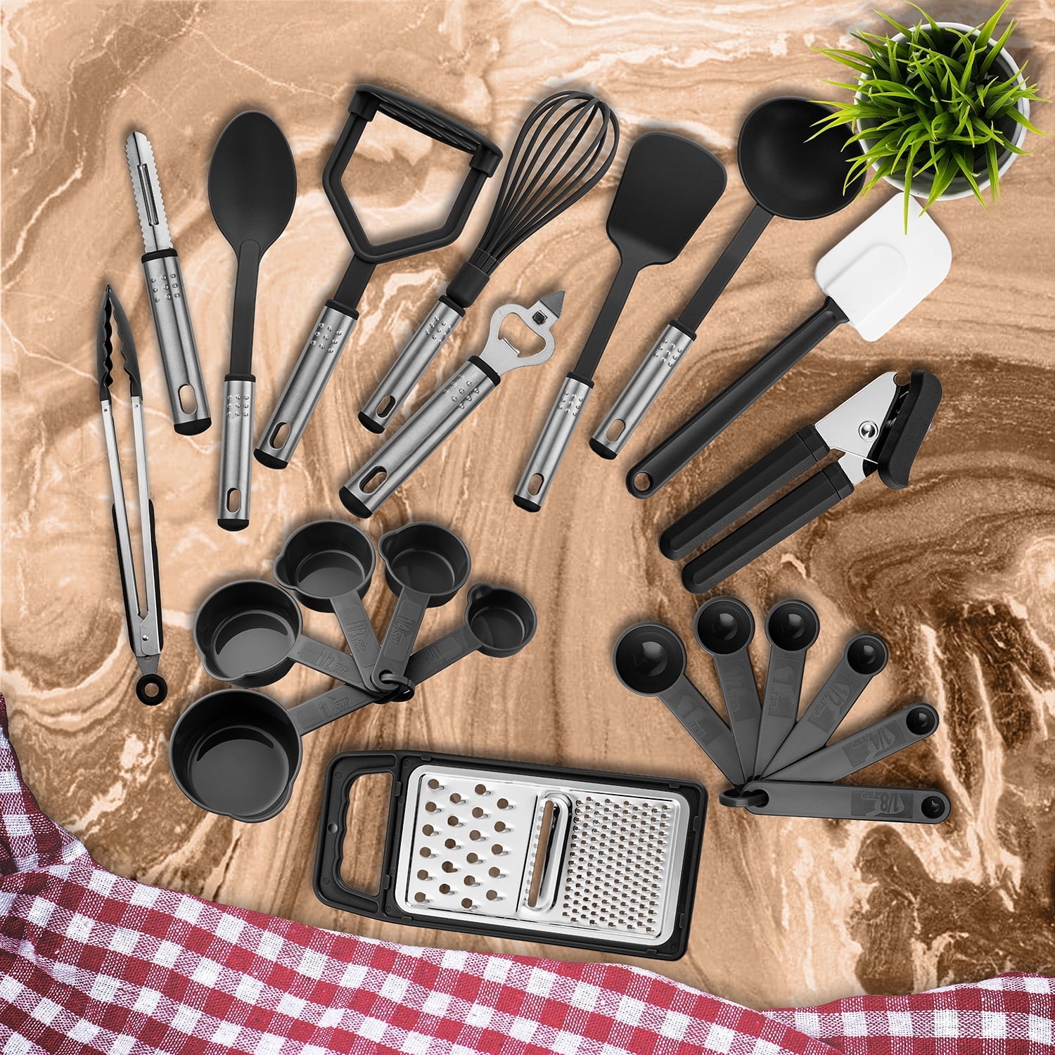 Seamless One-Piece 23 Piece Kitchen Utensils Set - Nylon and Stainless Steel Cooking Utensils Set - Black Utensil K... - Premium Stainless Steel Cooking Utensil for Non-Stick Pots Detail