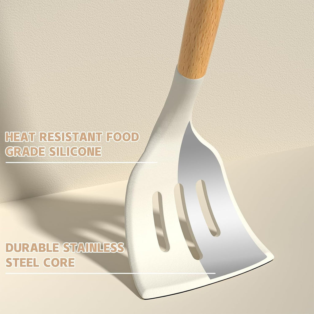 Seamless One-Piece Kitchen Cooking Utensils Set, 33 pcs Non-stick Silicone Cooking Kitchen Utensils Spatula Set with Holder, Wooden Hand... - Ergonomic Kitchen Tongs and Cooking Spoon Utensil Detail