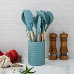 Seamless One-Piece Small Silicone Cooking Utensils with Holder Set (12Pack), Aqua Kitchen Tools with Wooden Handle for Nonstick... - Premium Stainless Steel Cooking Utensil for Non-Stick Pots Detail