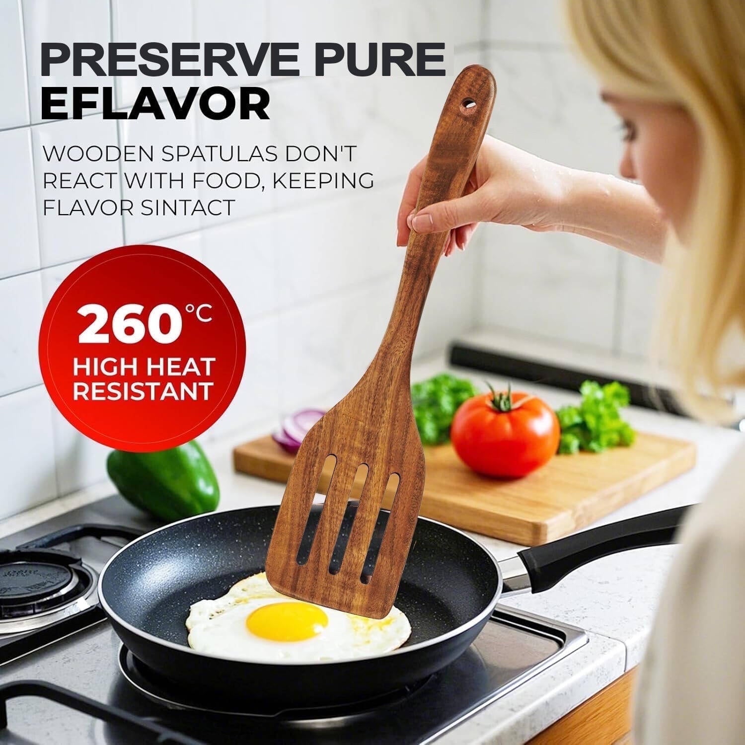 Ergonomic Cooking 6-Piece Natural Teak Wooden Spoons for Cooking With 10 Hooks，Handcrafted Kitchen Utensils Set ，Ideal Gift Set - Heat-Resistant Silicone Cooking Spatula Turner Detail