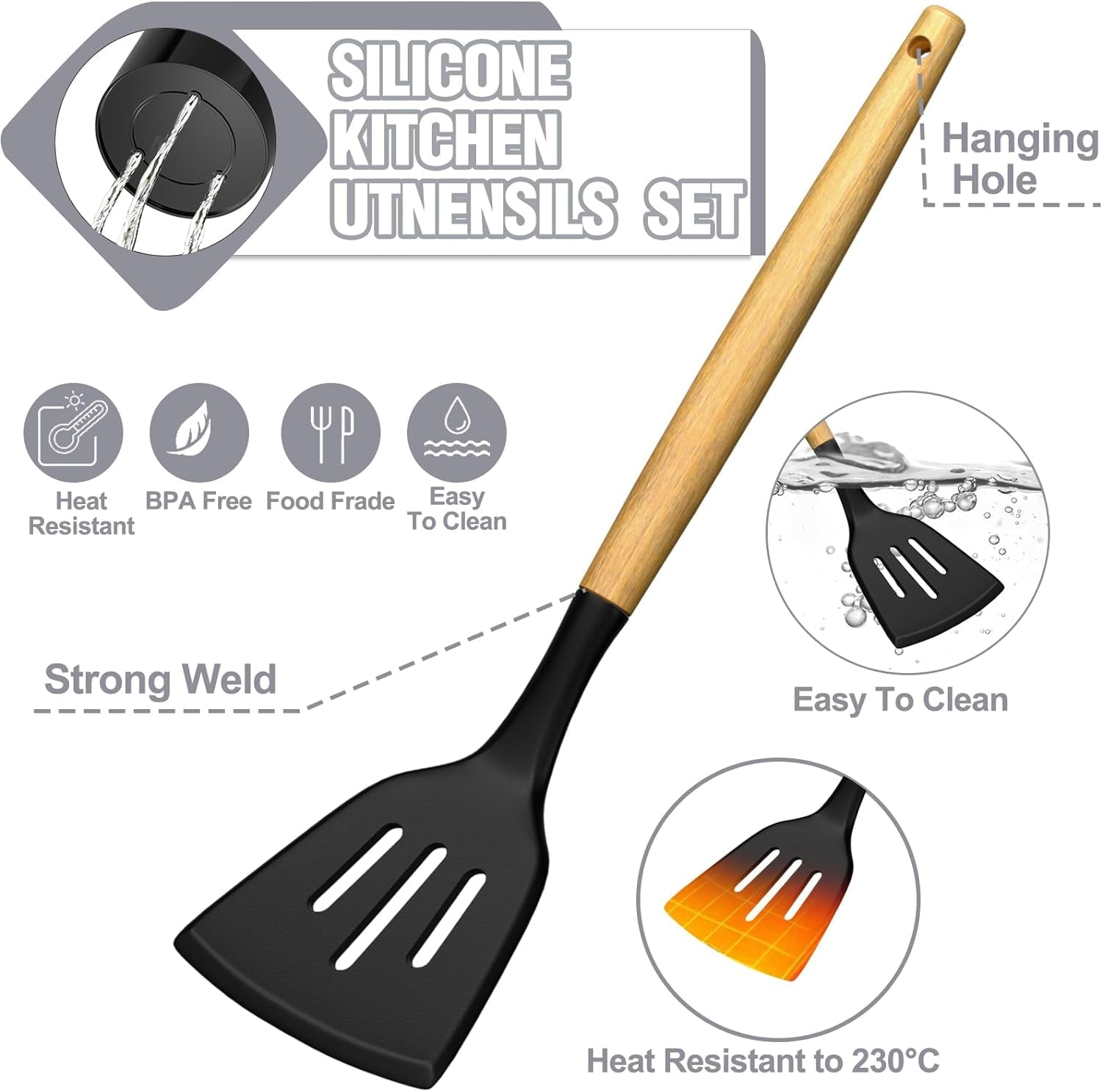 High-Precision Kitchen Utensil Set, 34Pieces Silicone Cooking Utensil Set with Wooden Handle, Heat Resistant Spatula Set Gadg... - Multi-Purpose Hand Tool for Daily Meal Prep Detail