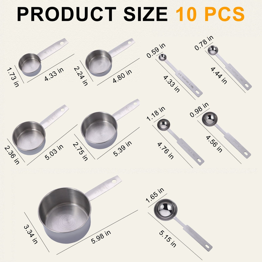 Ergonomic Cooking Measuring Cups and Spoons Set of 10, 5 Stainless Steel Cups and 5 Spoons for Kitchen Cooking Baking - Premium Stainless Steel Cooking Utensil for Non-Stick Pots Detail