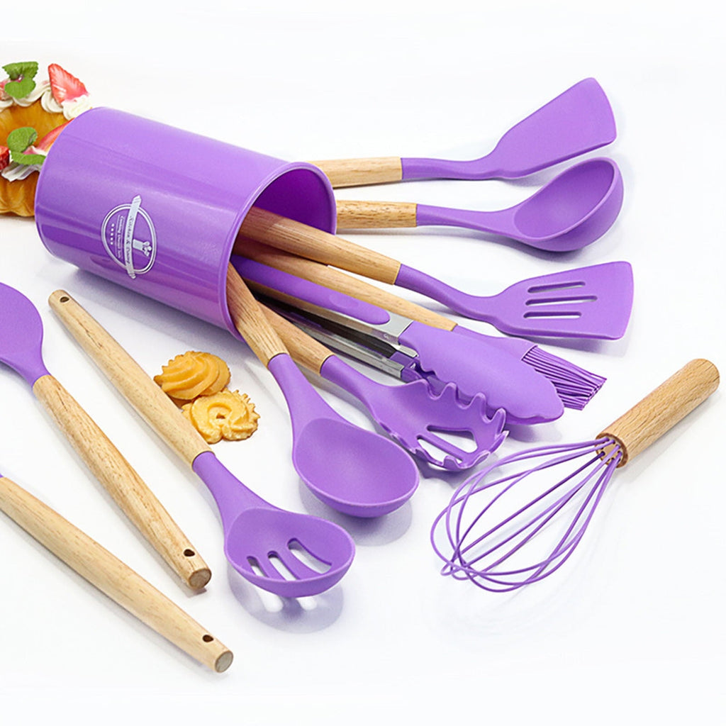 Non-Stick Safe 12Pcs Cooking Kitchen Utensils Set with Holder,Wooden Handles Cooking Tool,BPA Free,Non Toxic Turner Tongs Spa... - Durable Turner & Ladle Utensil Set for Home Chefs Detail