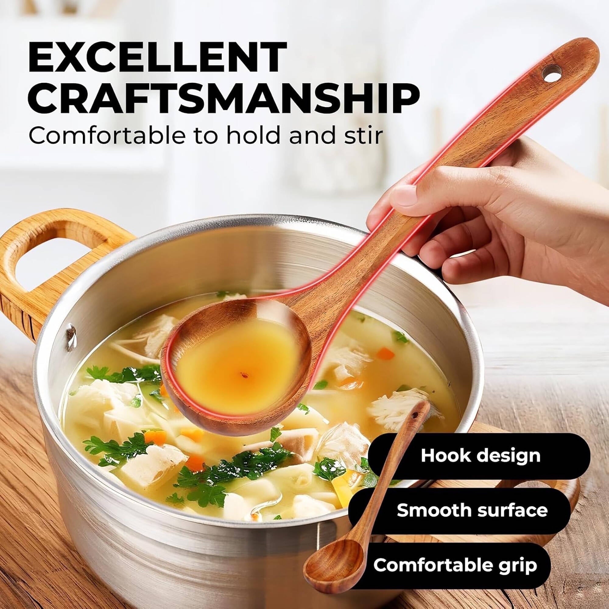 Ergonomic Cooking 6-Piece Natural Teak Wooden Spoons for Cooking With 10 Hooks，Handcrafted Kitchen Utensils Set ，Ideal Gift Set - Heat-Resistant Silicone Cooking Spatula Turner Detail
