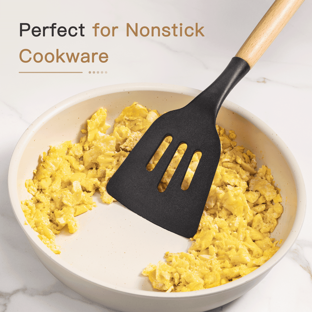 Ergonomic Cooking Silicone Cooking Utensils Set, 38 PCS Kitchen Utensils Set for 446°F Heat Resistant, Food Grade Utensil Sets with Woo... - Ergonomic Kitchen Tongs and Cooking Spoon Utensil Detail