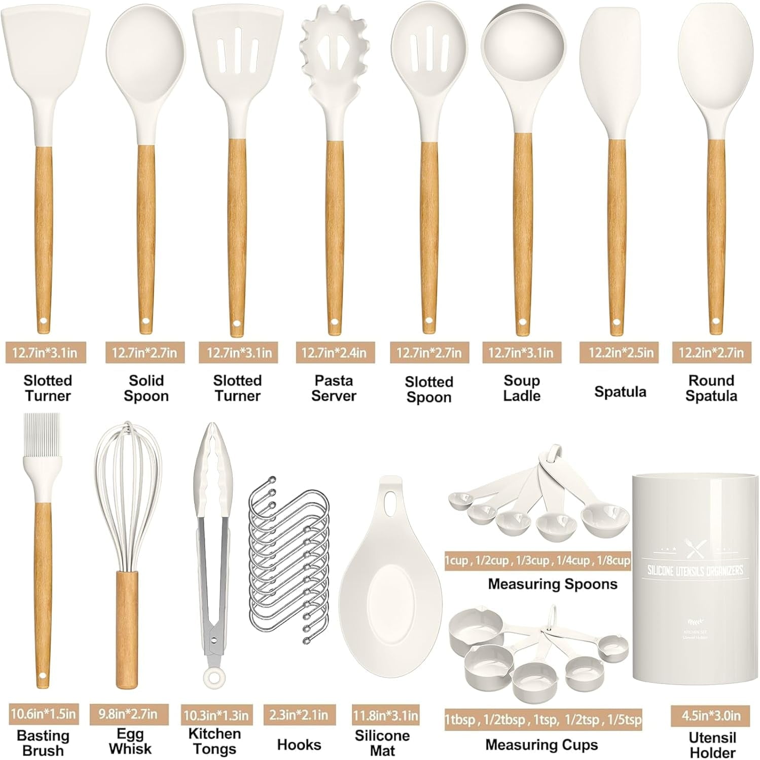 Heavy Duty Kitchen Cooking Utensils Set, 33 pcs Non-stick Silicone Cooking Kitchen Utensils Spatula Set with Holder, Wooden Hand... - Multi-Purpose Hand Tool for Daily Meal Prep Detail