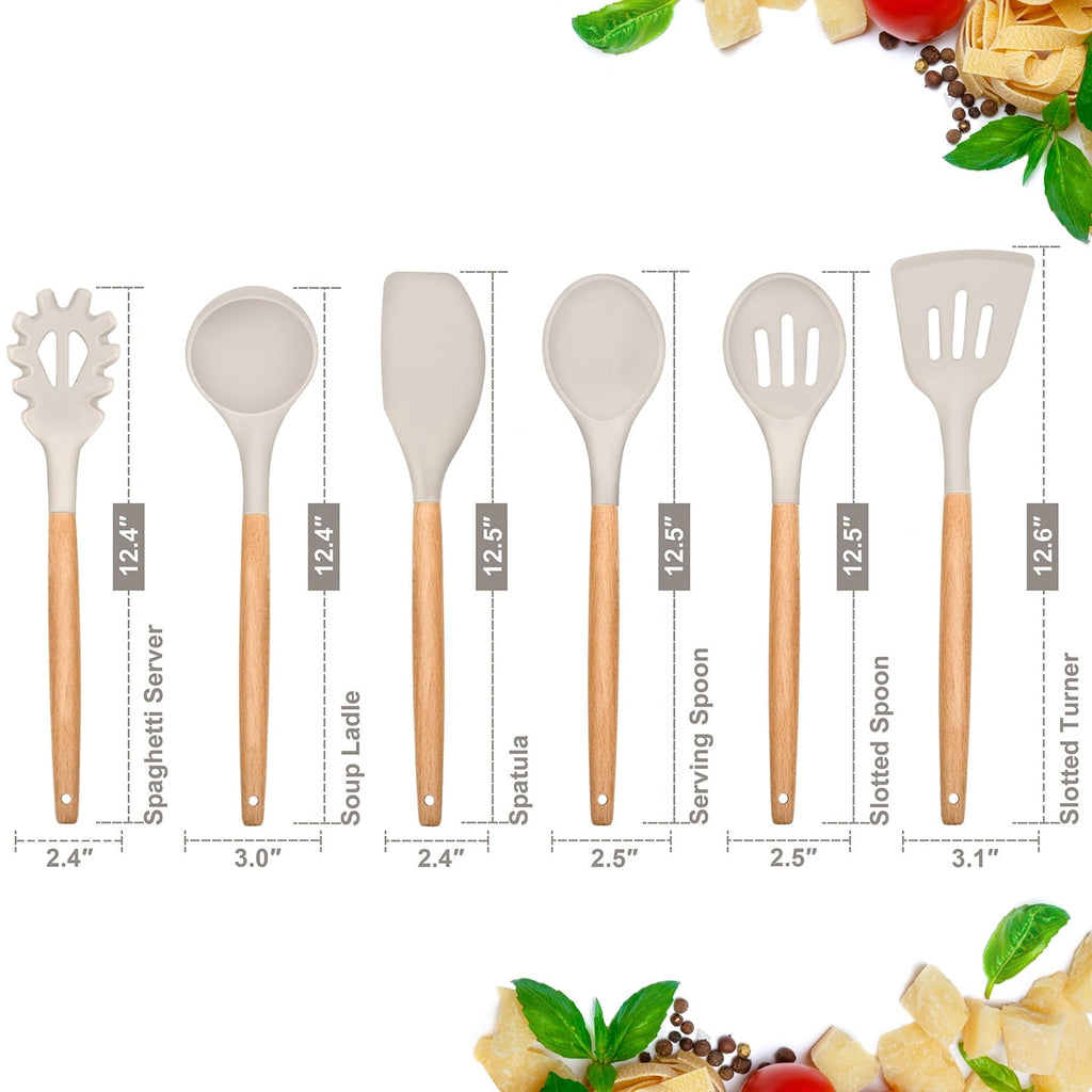 Seamless One-Piece Kitchen Utensils Set of 6, Silicone Cooking Utensils with Wooden Handle, Non-Stick Cookware & Heat Resistant, Include... - Durable Turner & Ladle Utensil Set for Home Chefs Detail
