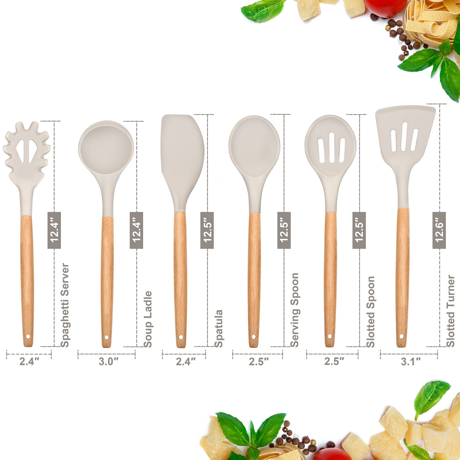 Seamless One-Piece Kitchen Utensils Set of 6, Silicone Cooking Utensils with Wooden Handle, Non-Stick Cookware & Heat Resistant, Include... - Durable Turner & Ladle Utensil Set for Home Chefs Detail