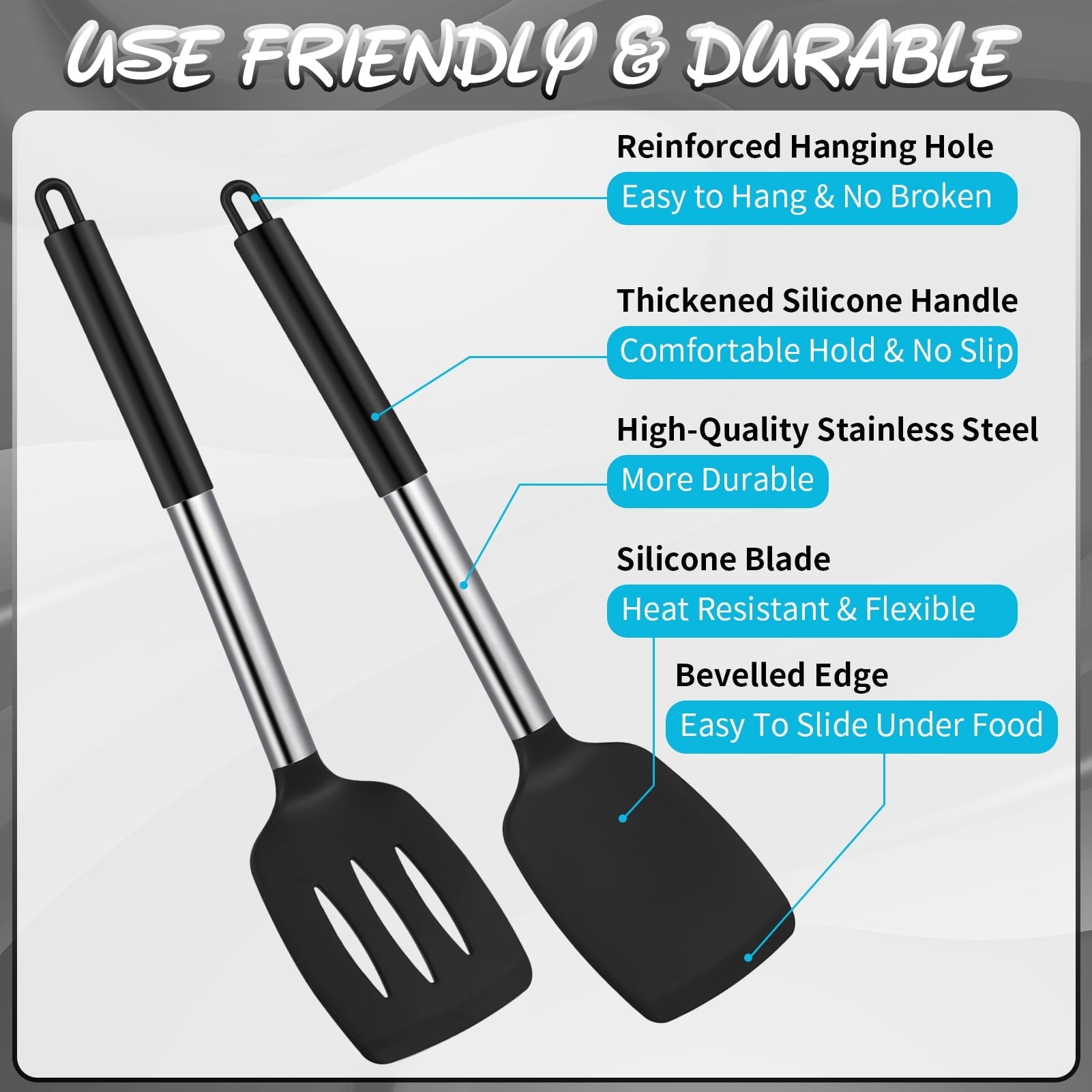Ergonomic Cooking Silicone Cooking Spatulas and Spoons, 4 Pack Heat Resistant Silicone Cooking Utensils Set, Non-stick Large Ki... - Premium Stainless Steel Cooking Utensil for Non-Stick Pots Detail